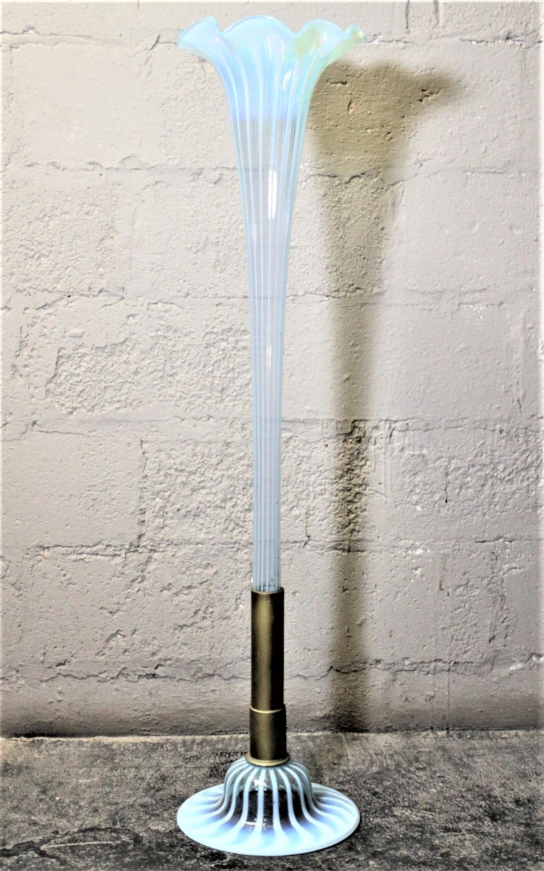Huge Antique HandCrafted Blue Opalescent Swirled Floor Standing Trumpet Vase For Sale at