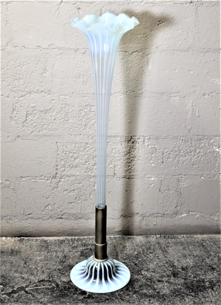 Huge Antique HandCrafted Blue Opalescent Swirled Floor Standing Trumpet Vase For Sale at