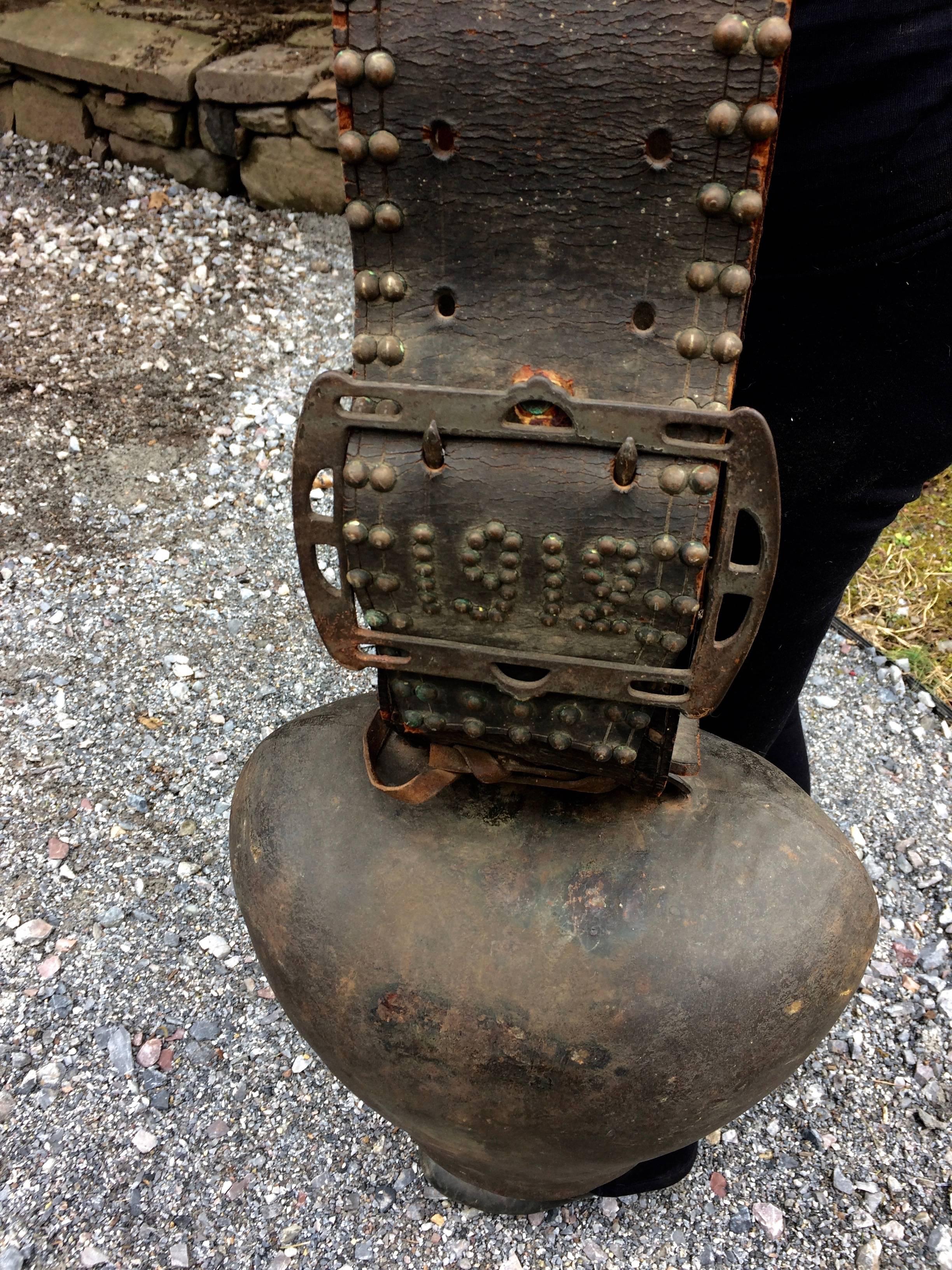 Huge Antique Leather and Metal Cow Bell In Distressed Condition In Hopewell, NJ