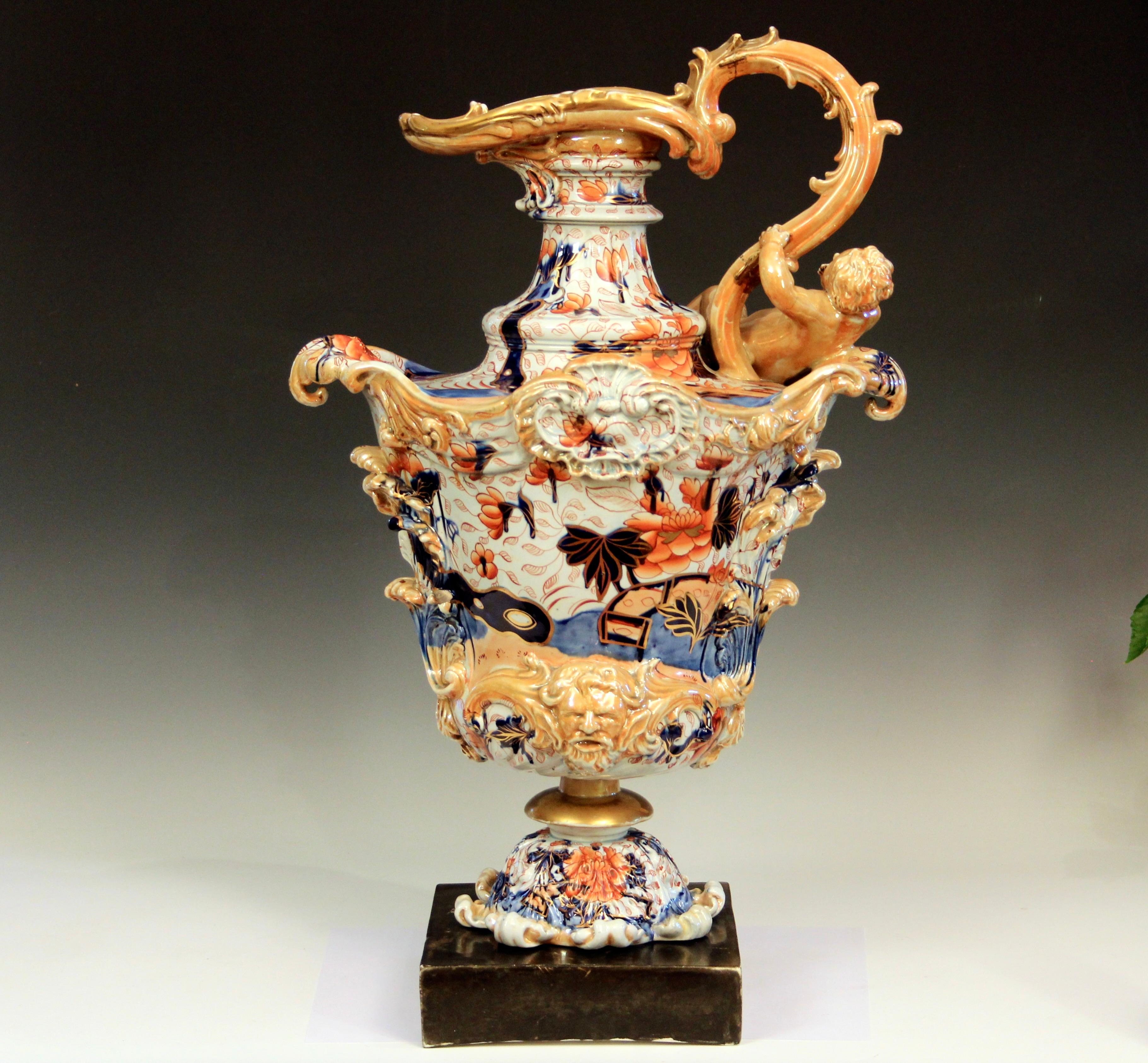 Monumental Antique English Mason's Ironstone ewer in Japan imari pattern, Circa 1820's. Unmarked. Bolted to a solid 2