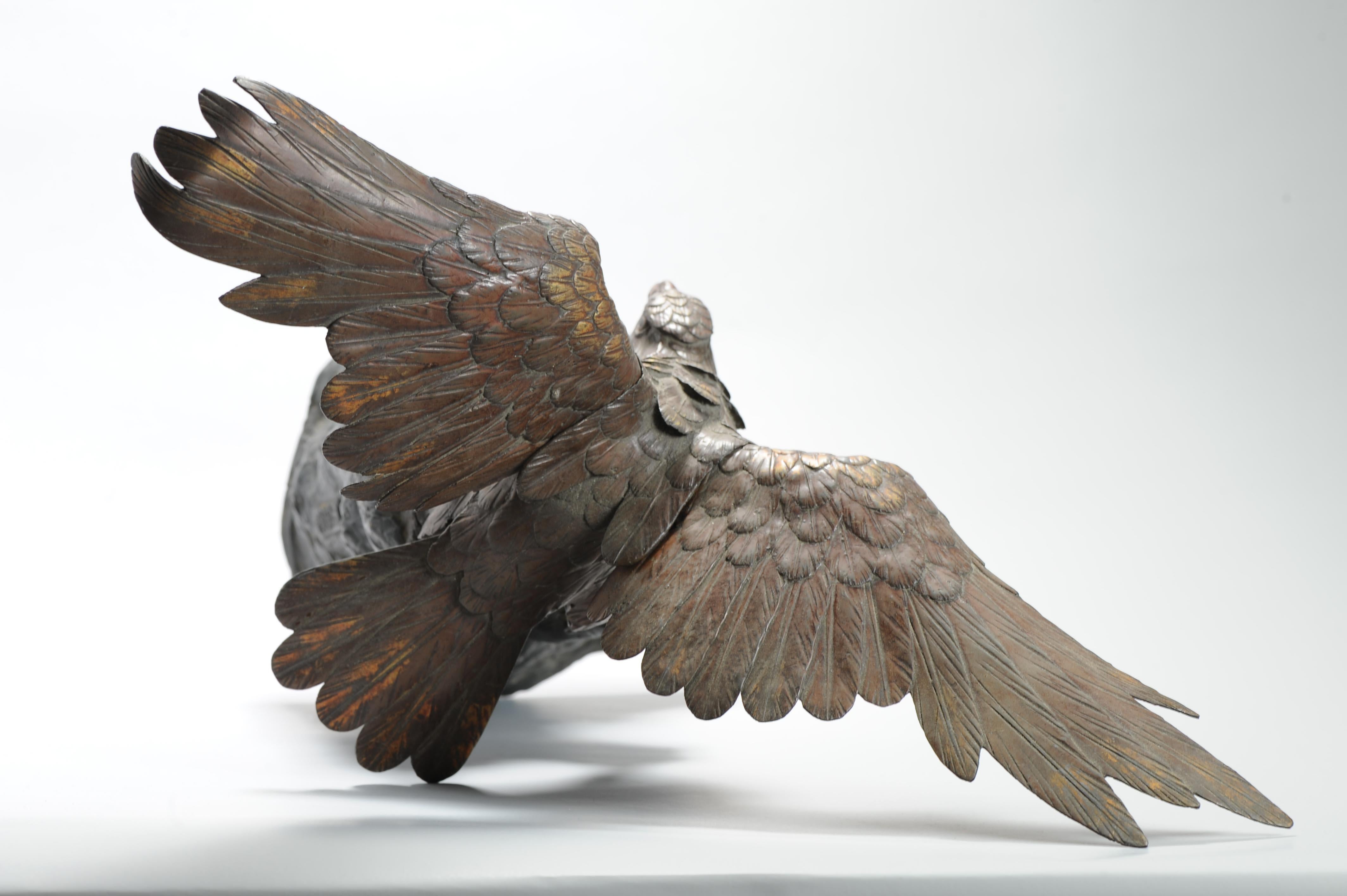 Huge Antique Meiji Japanese Bronze Bird of Prey On a Rock Gold Elements Marked For Sale 13