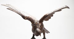 Huge Antique Meiji Japanese Bronze Bird of Prey On a Rock Gold Elements Marked