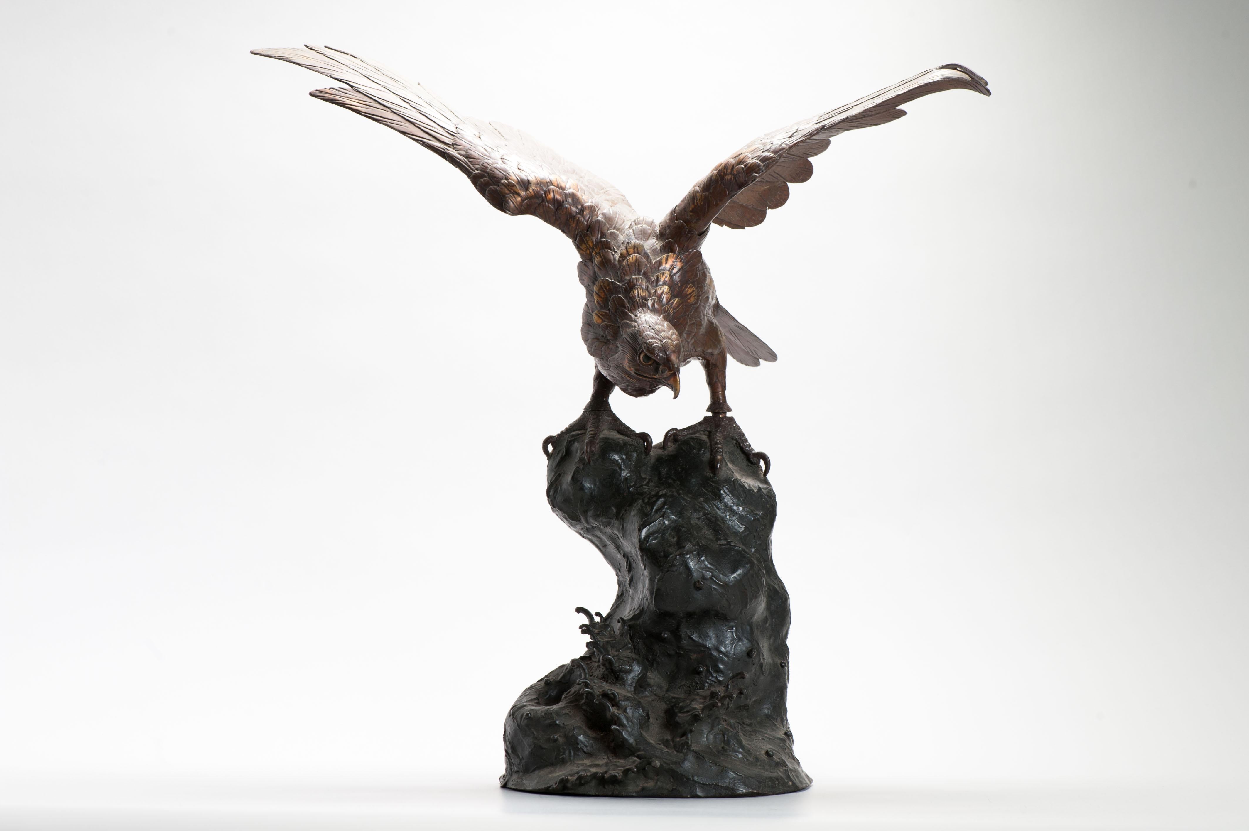 Metal Huge Antique Meiji Japanese Bronze Bird of Prey On a Rock Gold Elements Marked For Sale