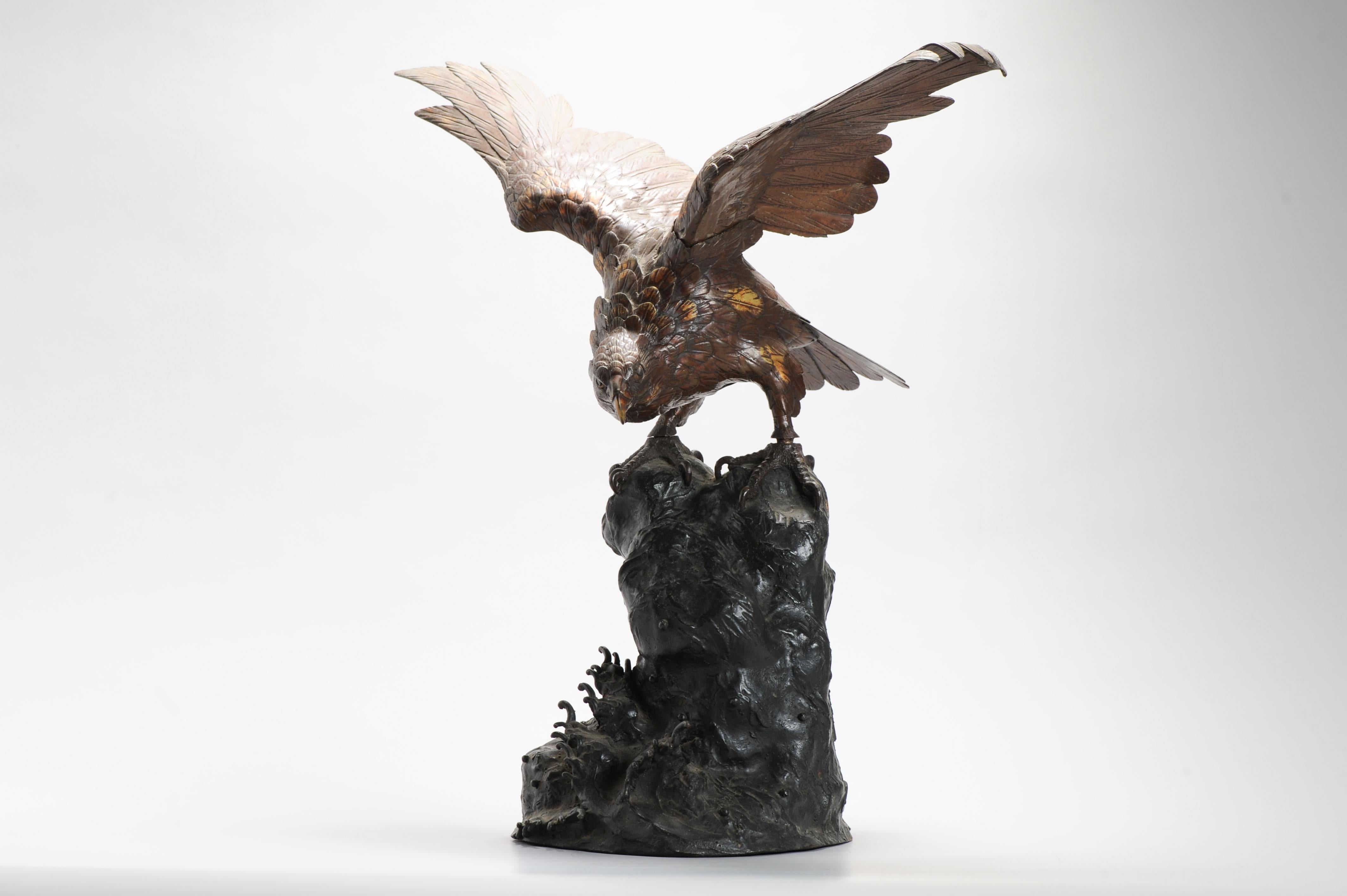 Huge Antique Meiji Japanese Bronze Bird of Prey On a Rock Gold Elements Marked For Sale 1