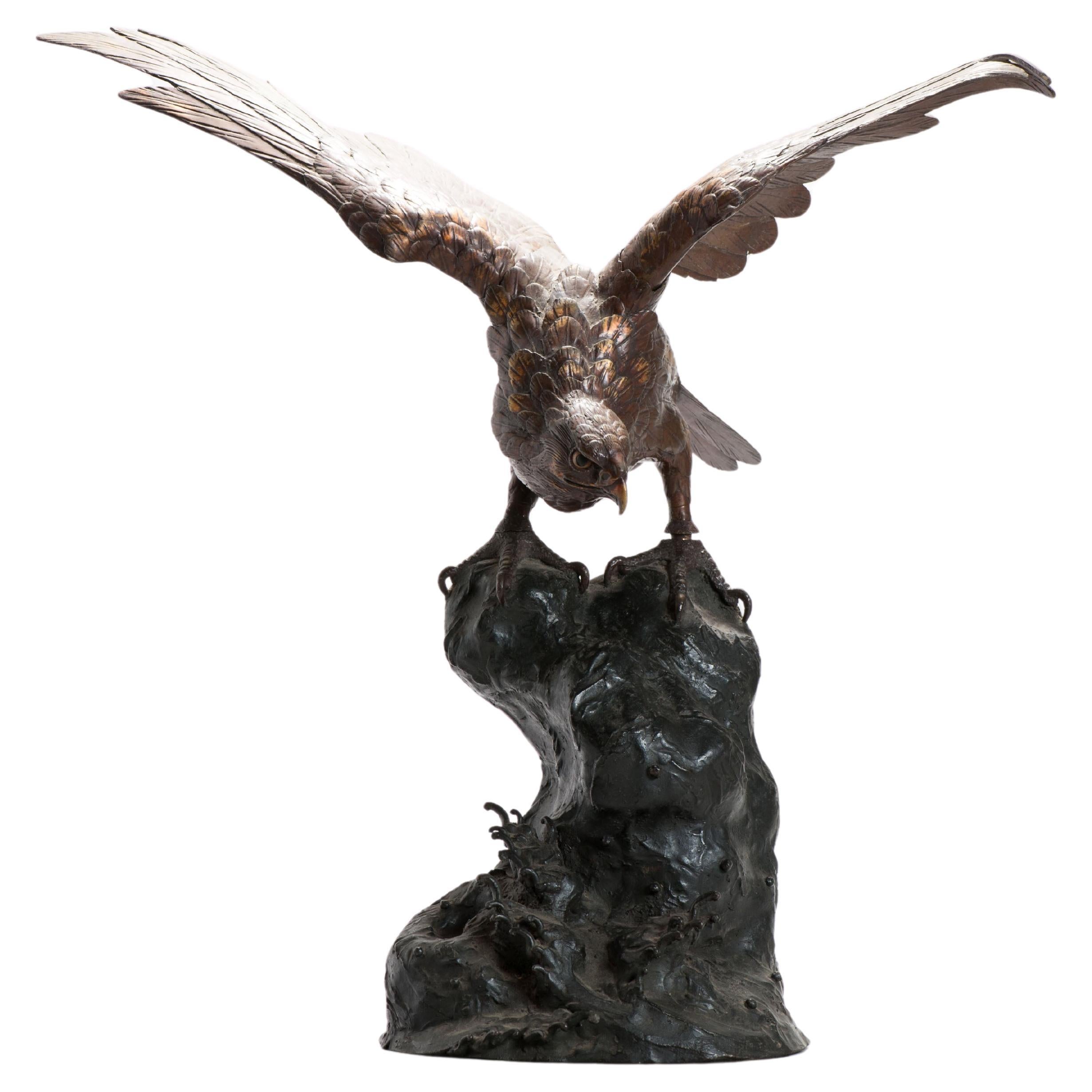 Huge Antique Meiji Japanese Bronze Bird of Prey On a Rock Gold Elements Marked For Sale