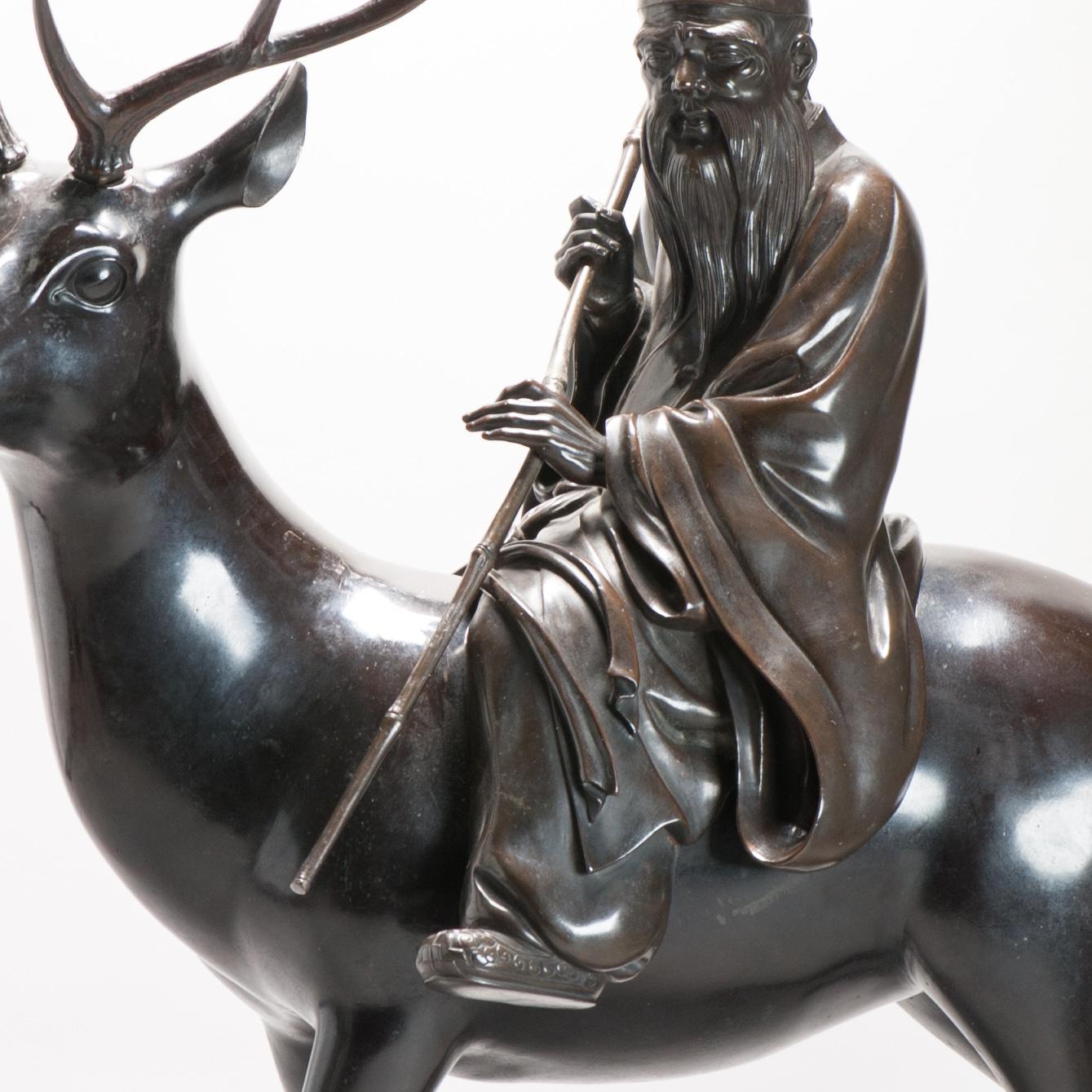 Huge Antique Meiji Japanese Bronze Shou Lao - Jurojin and Deer Incense Burner  For Sale 5