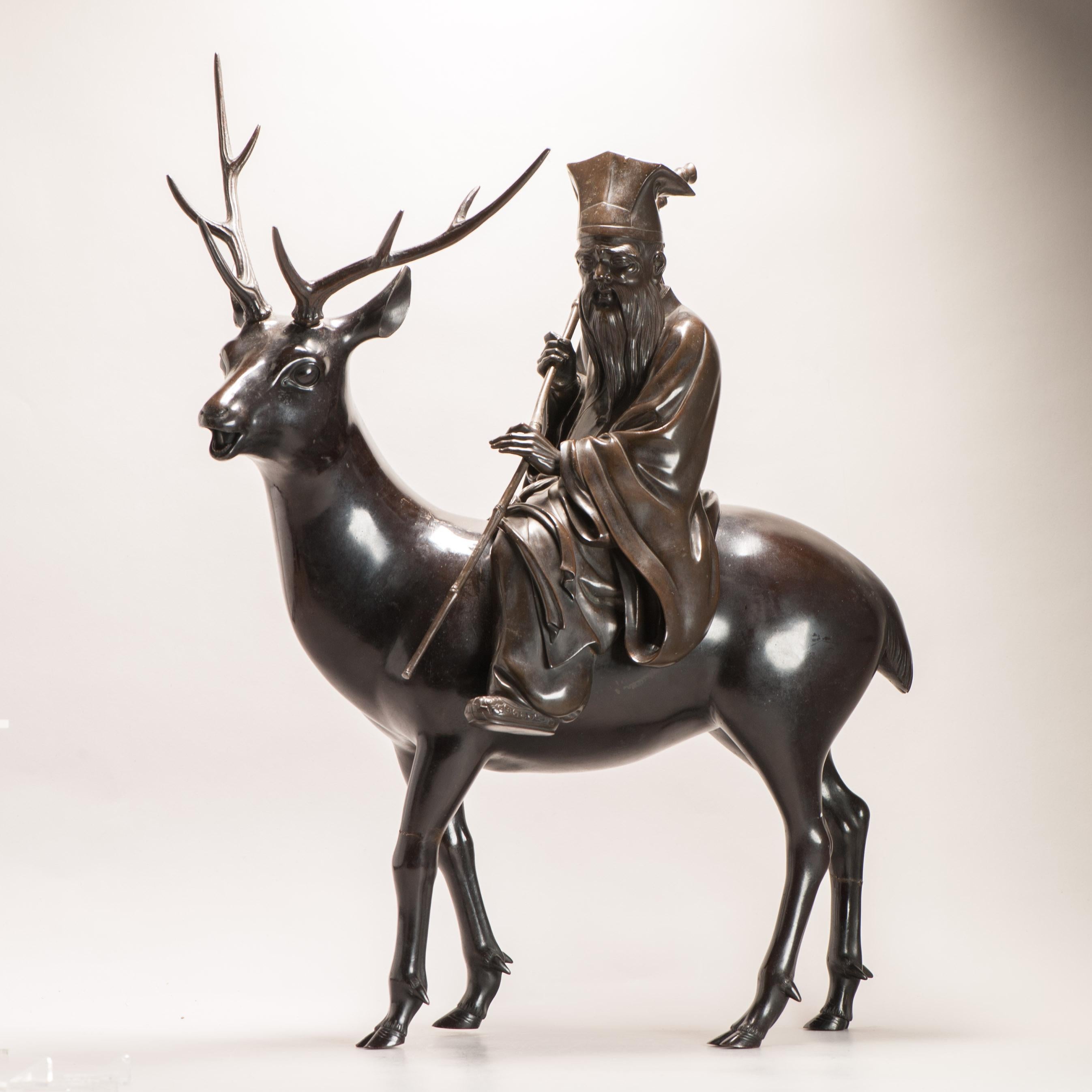 Huge Antique Meiji Japanese Bronze Shou Lao - Jurojin and Deer Incense Burner  For Sale 6