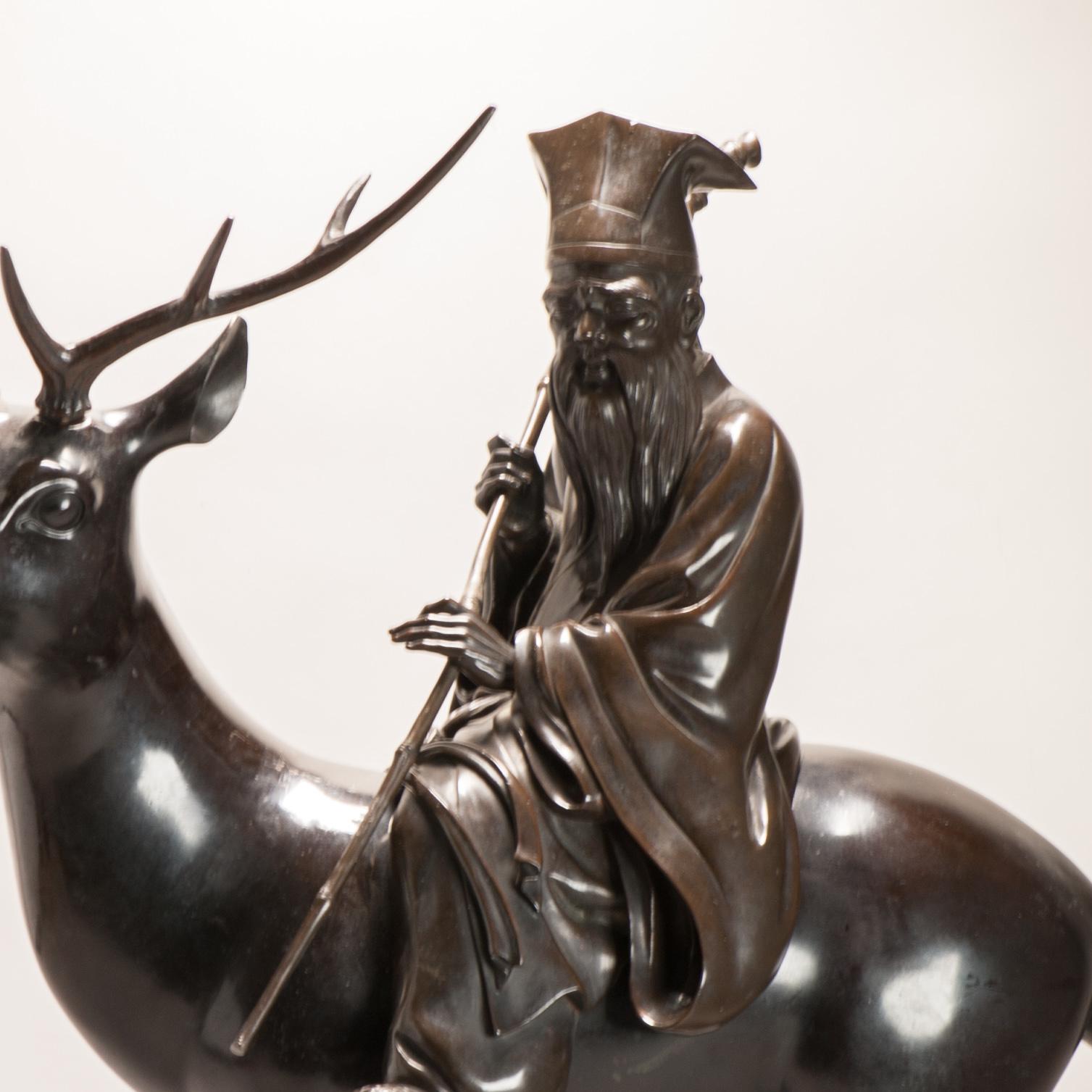 Huge Antique Meiji Japanese Bronze Shou Lao - Jurojin and Deer Incense Burner  For Sale 7