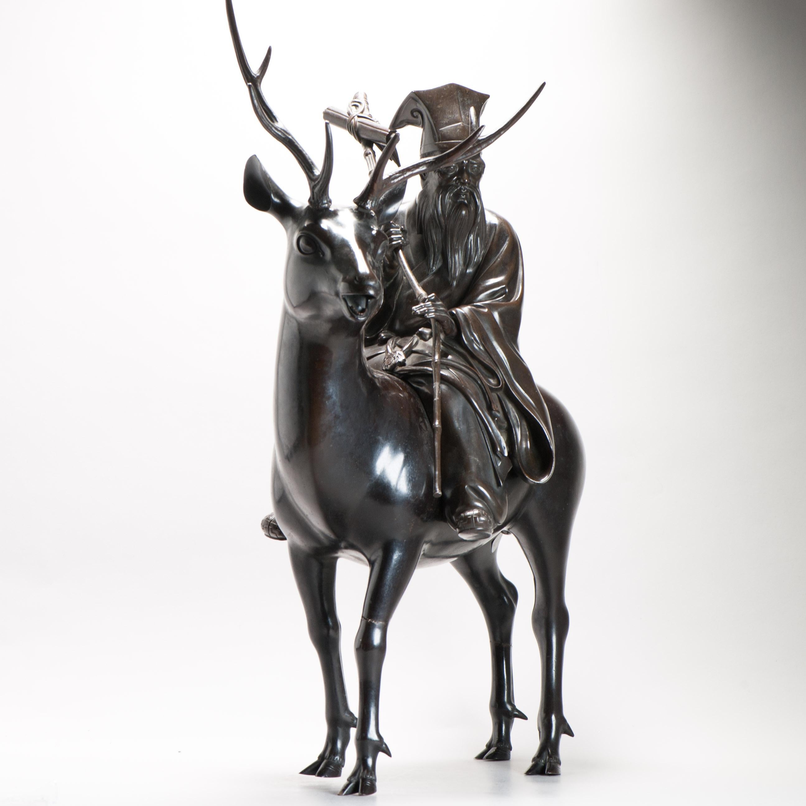 Huge Antique Meiji Japanese Bronze Shou Lao - Jurojin and Deer Incense Burner  For Sale 8