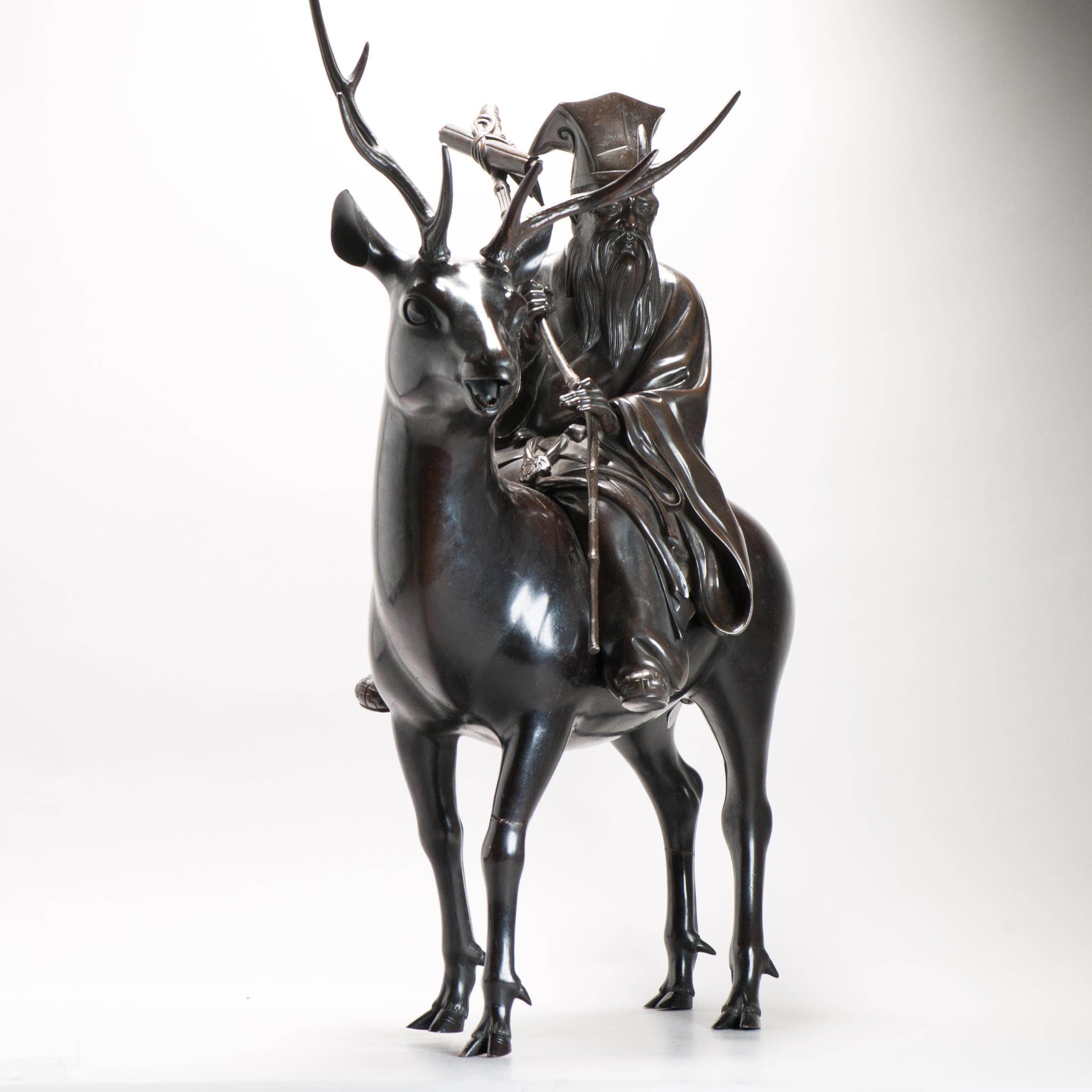 Huge Antique Meiji Japanese Bronze Shou Lao - Jurojin and Deer Incense Burner  For Sale 9