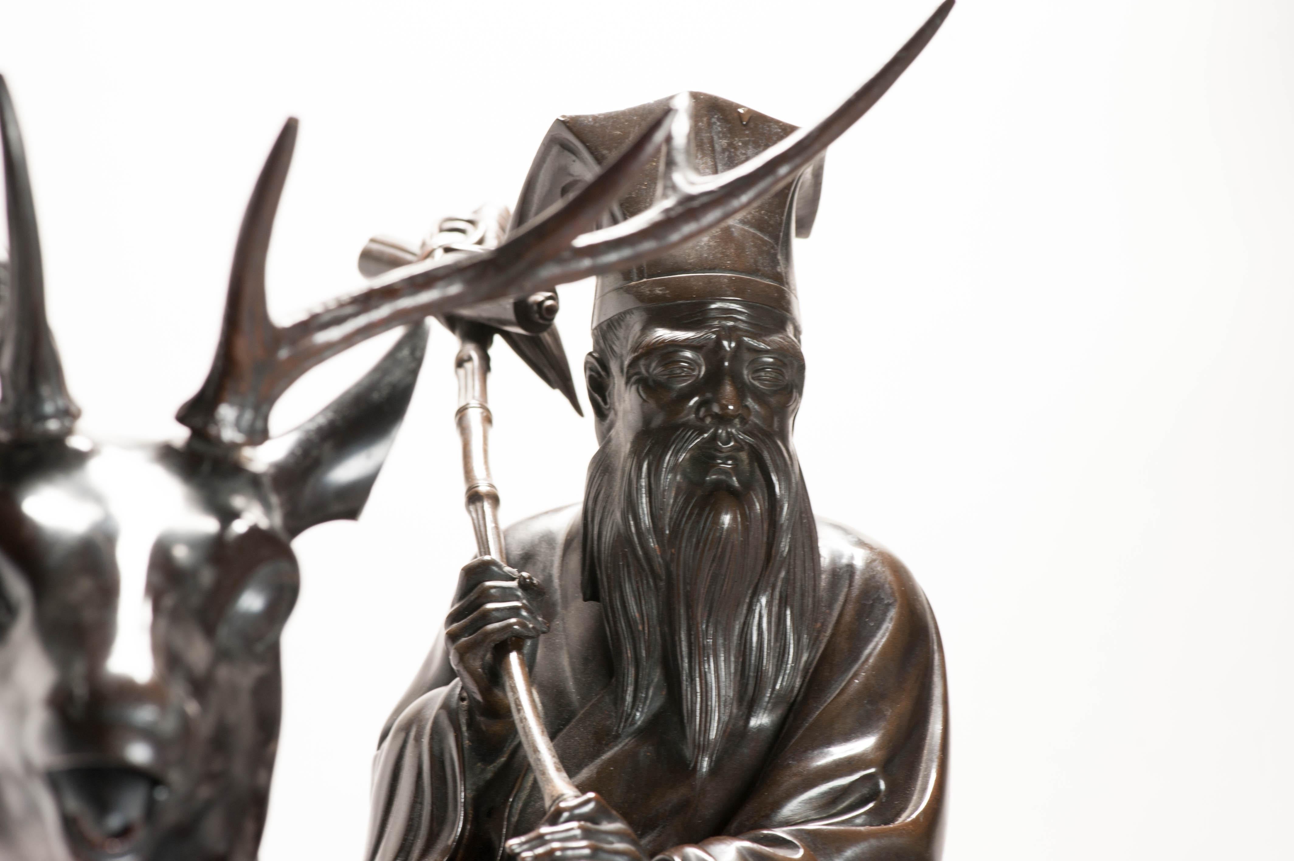 Huge Antique Meiji Japanese Bronze Shou Lao - Jurojin and Deer Incense Burner  For Sale 10