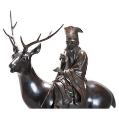 Huge Antique Meiji Japanese Bronze Shou Lao - Jurojin and Deer Incense Burner