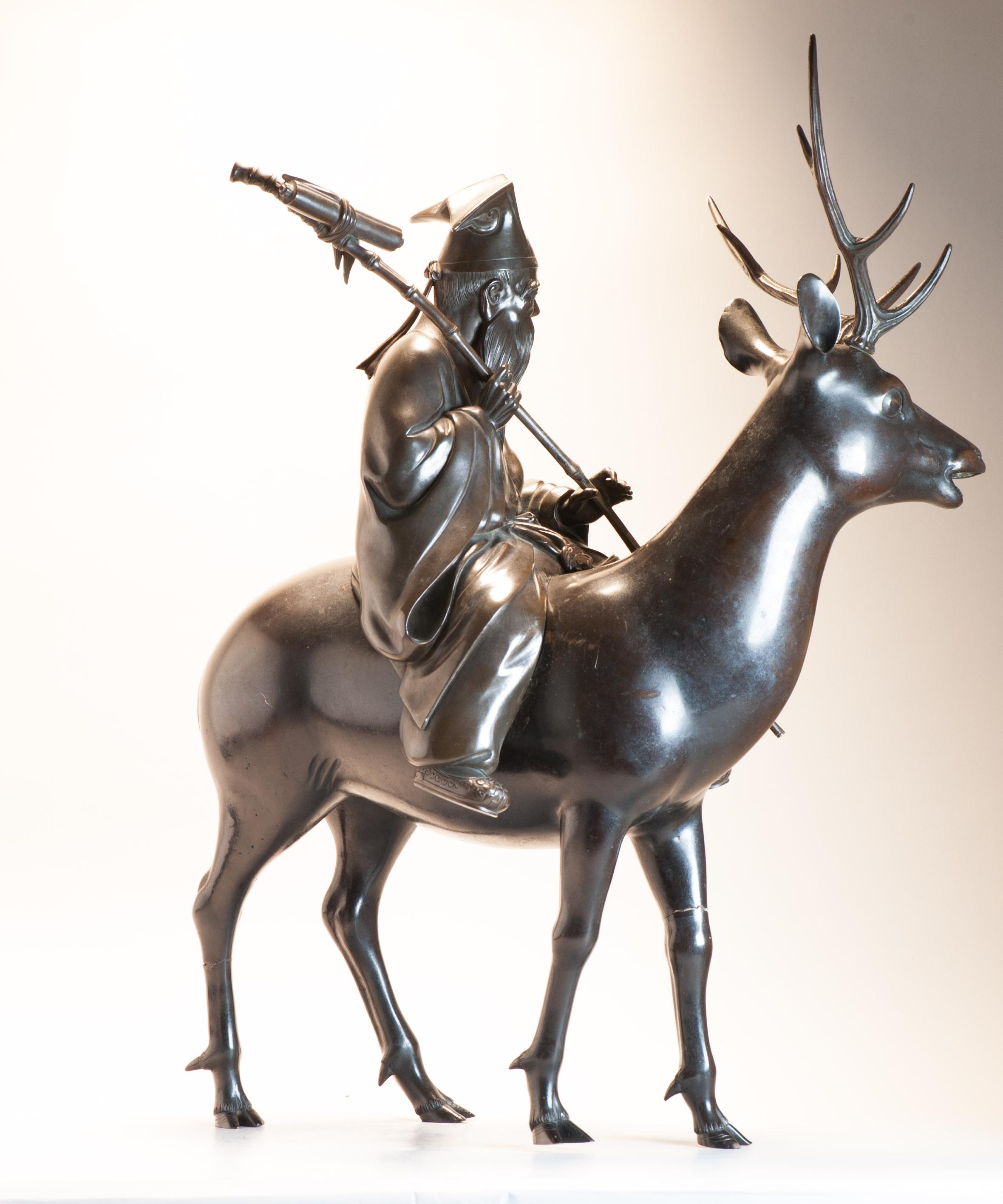 Huge Antique Meiji Japanese Bronze Shou Lao - Jurojin and Deer Incense Burner  For Sale 15