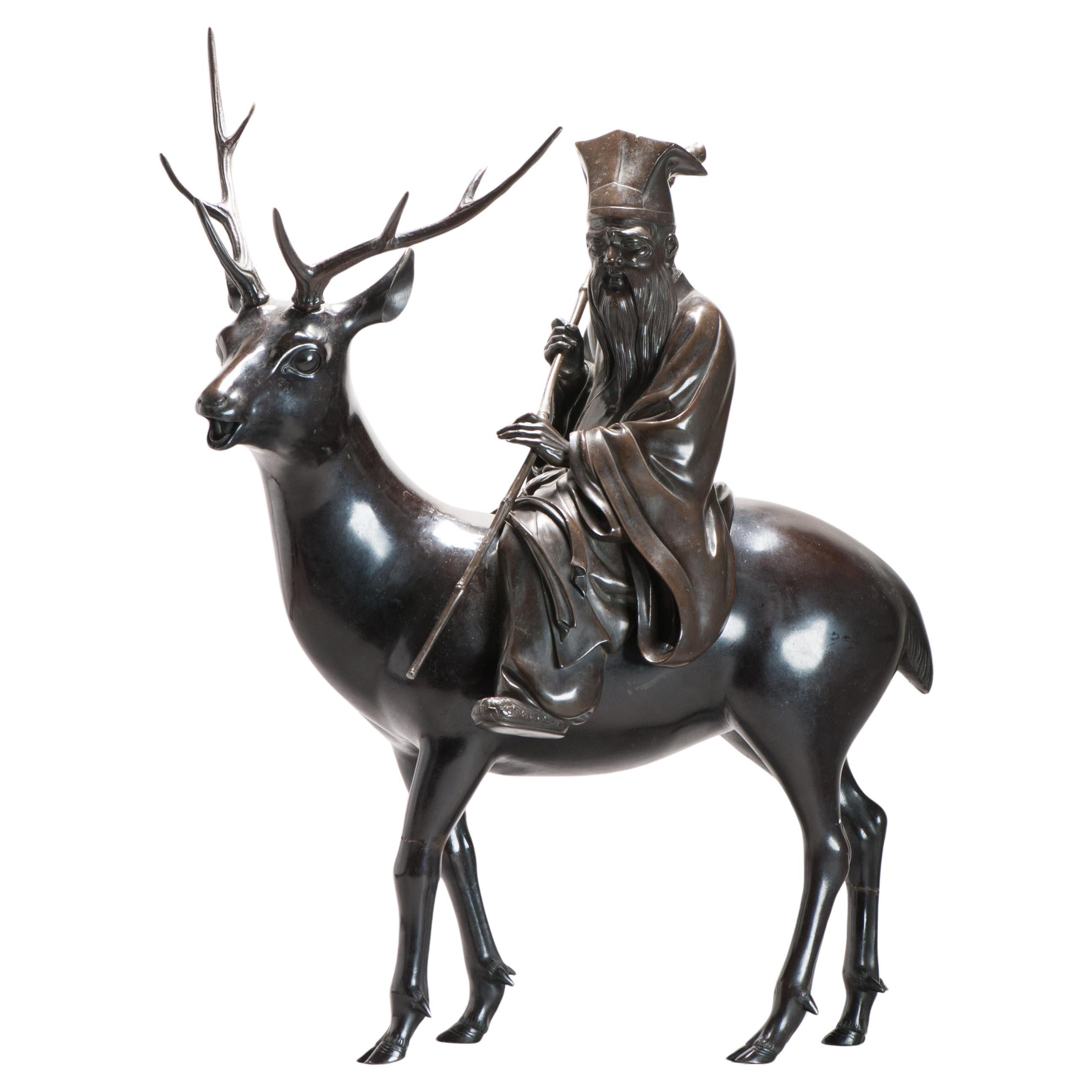 Huge Antique Meiji Japanese Bronze Shou Lao - Jurojin and Deer Incense Burner  For Sale