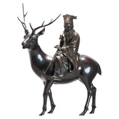 Huge Antique Meiji Japanese Bronze Shou Lao - Jurojin and Deer Incense Burner 