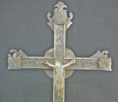 Huge Antique Mother of Pearl and Olive Wood Crucifix Cross Jerusalem