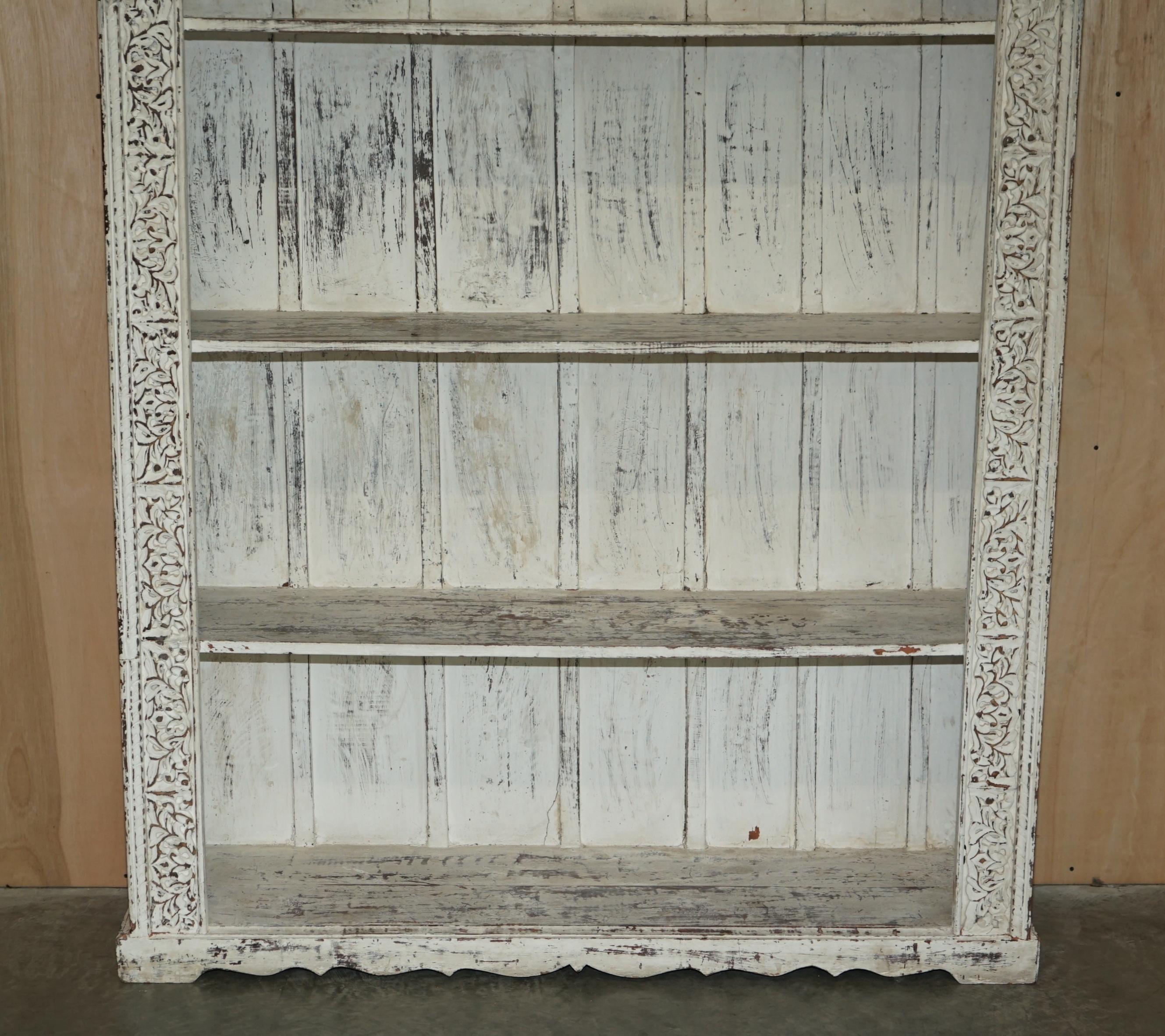 English Huge Antique Original Paint Solid Hardwood Anglo Indian Carved Open Bookcase For Sale