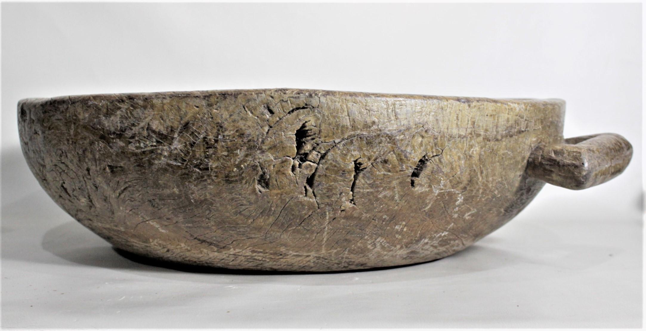 Huge Antique Scandinavian Folk Art Carved Wooden Handled Hardwood Bowl For Sale 4
