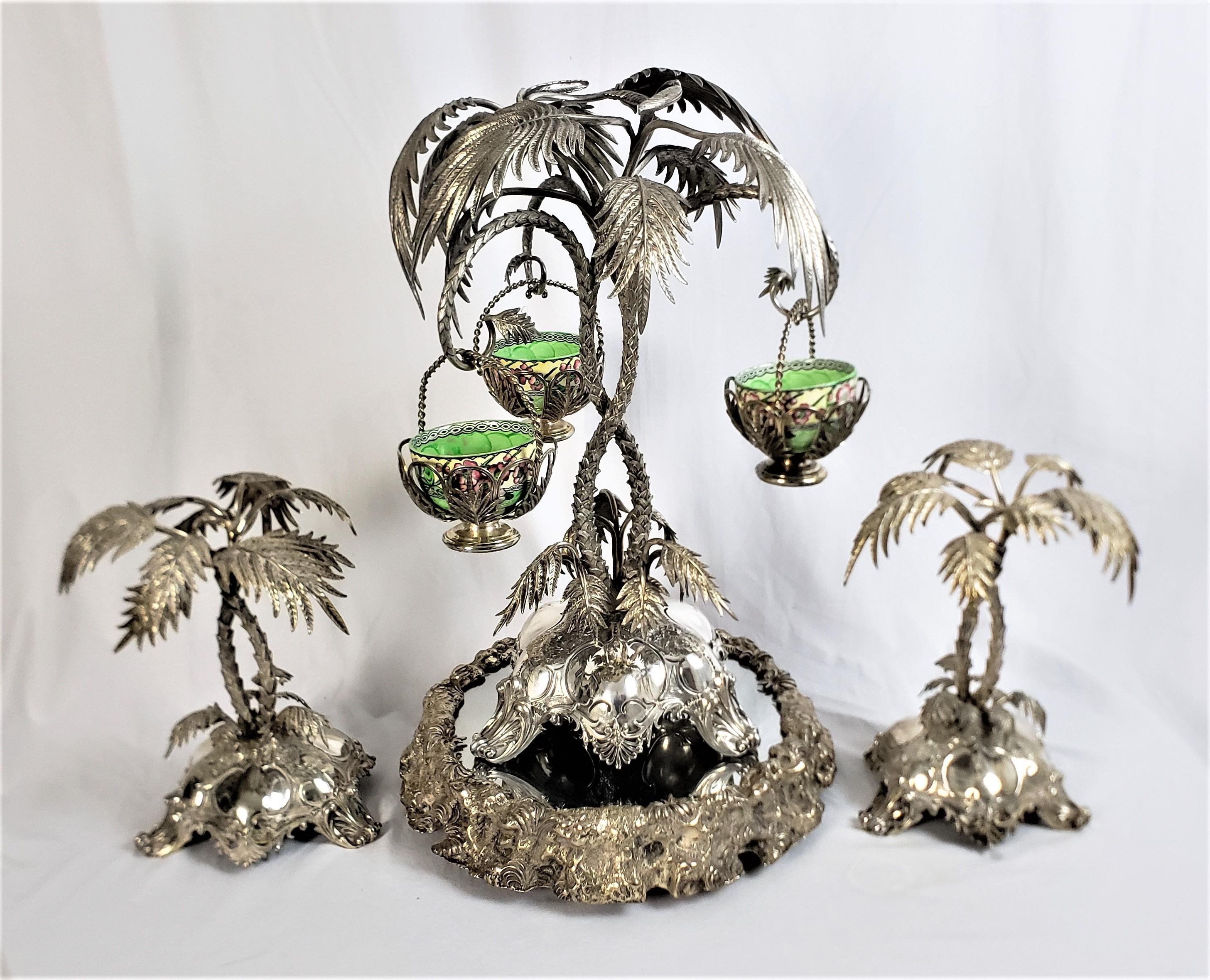 Cast Huge Antique Silver Plated Anglo-Indian Styled Figural Palm Tree Centerpiece Set For Sale