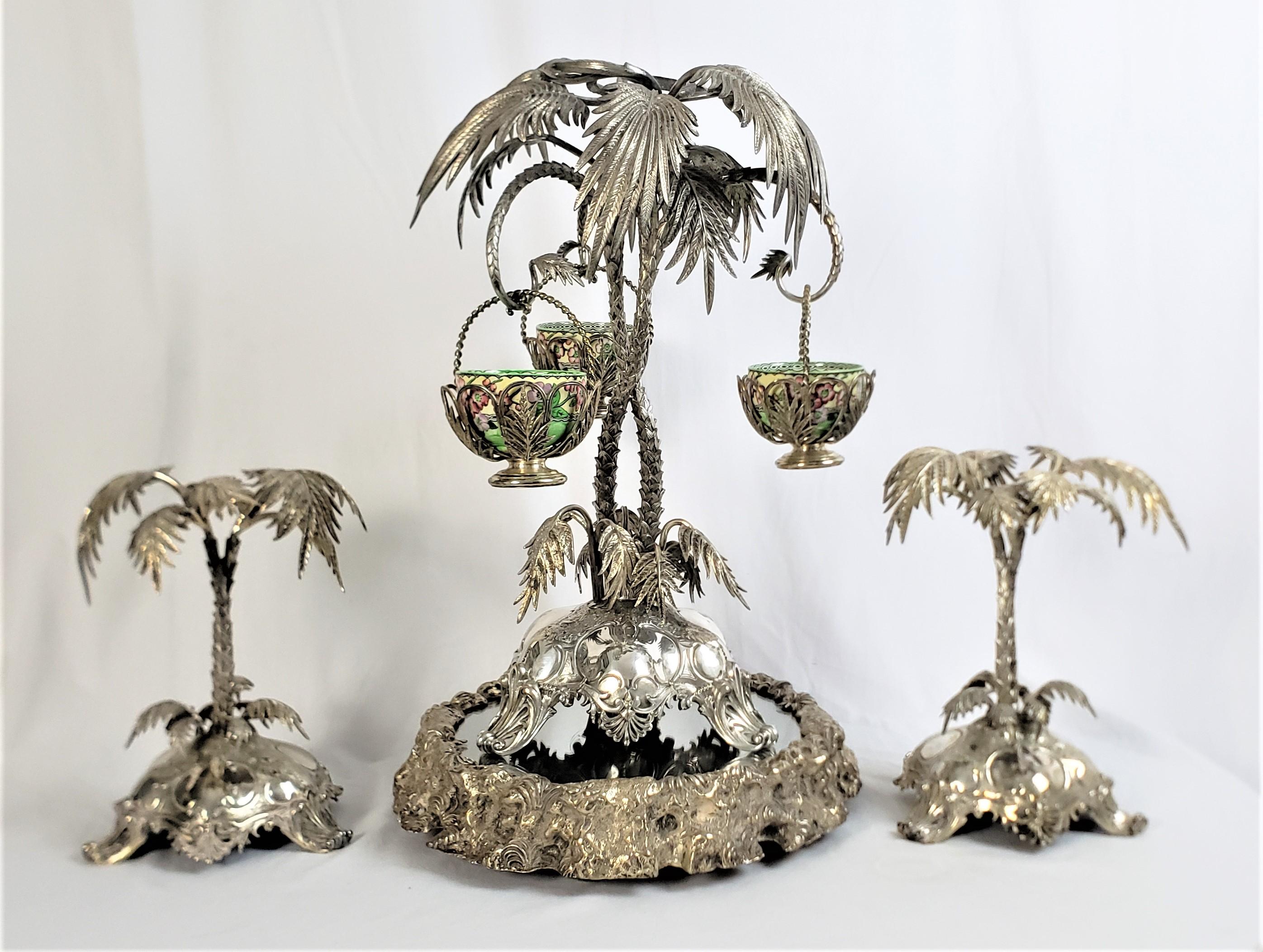 Huge Antique Silver Plated Anglo-Indian Styled Figural Palm Tree Centerpiece Set In Good Condition For Sale In Hamilton, Ontario