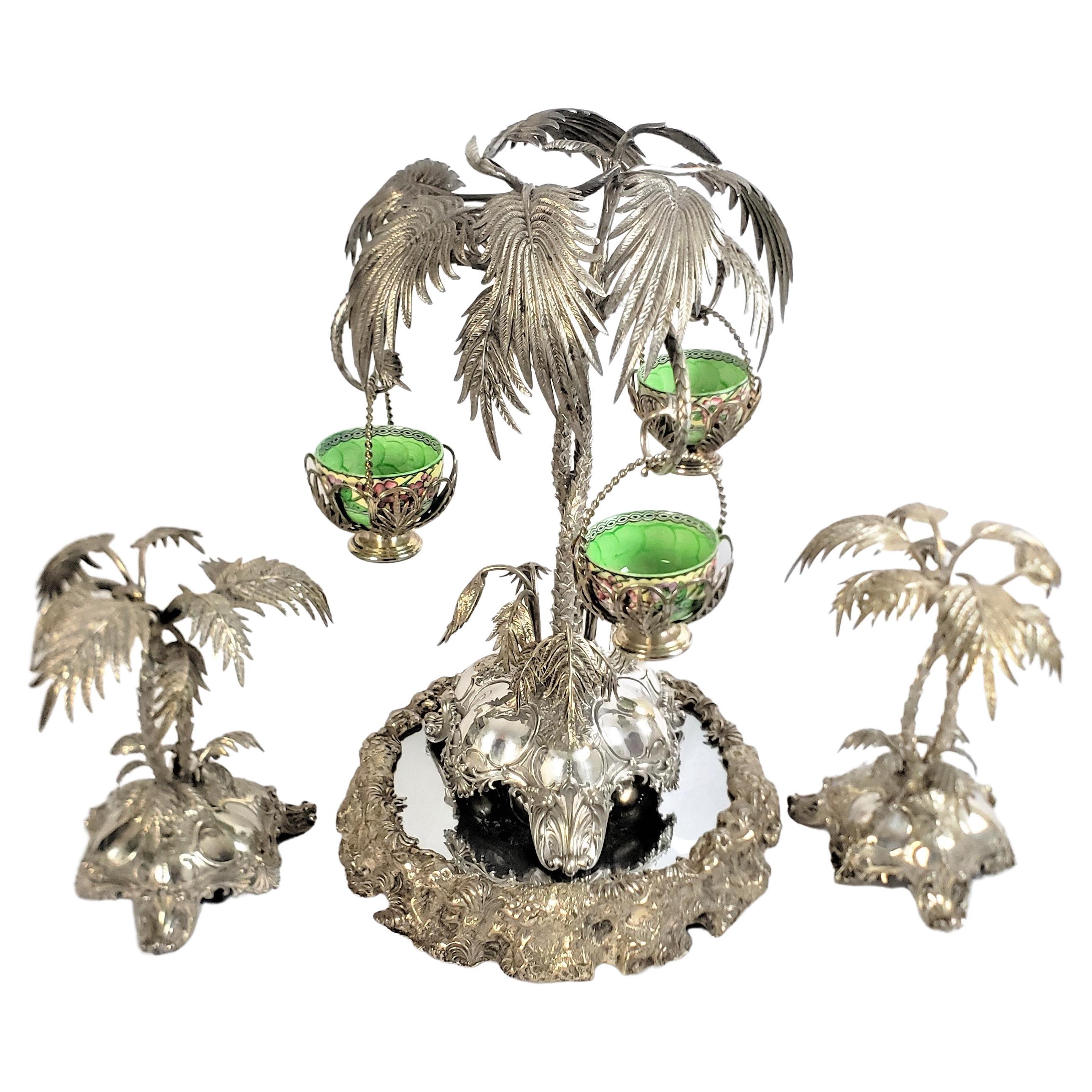 Enorme juego de centro de mesa de palmera de estilo angloindio chapado en plata antigua