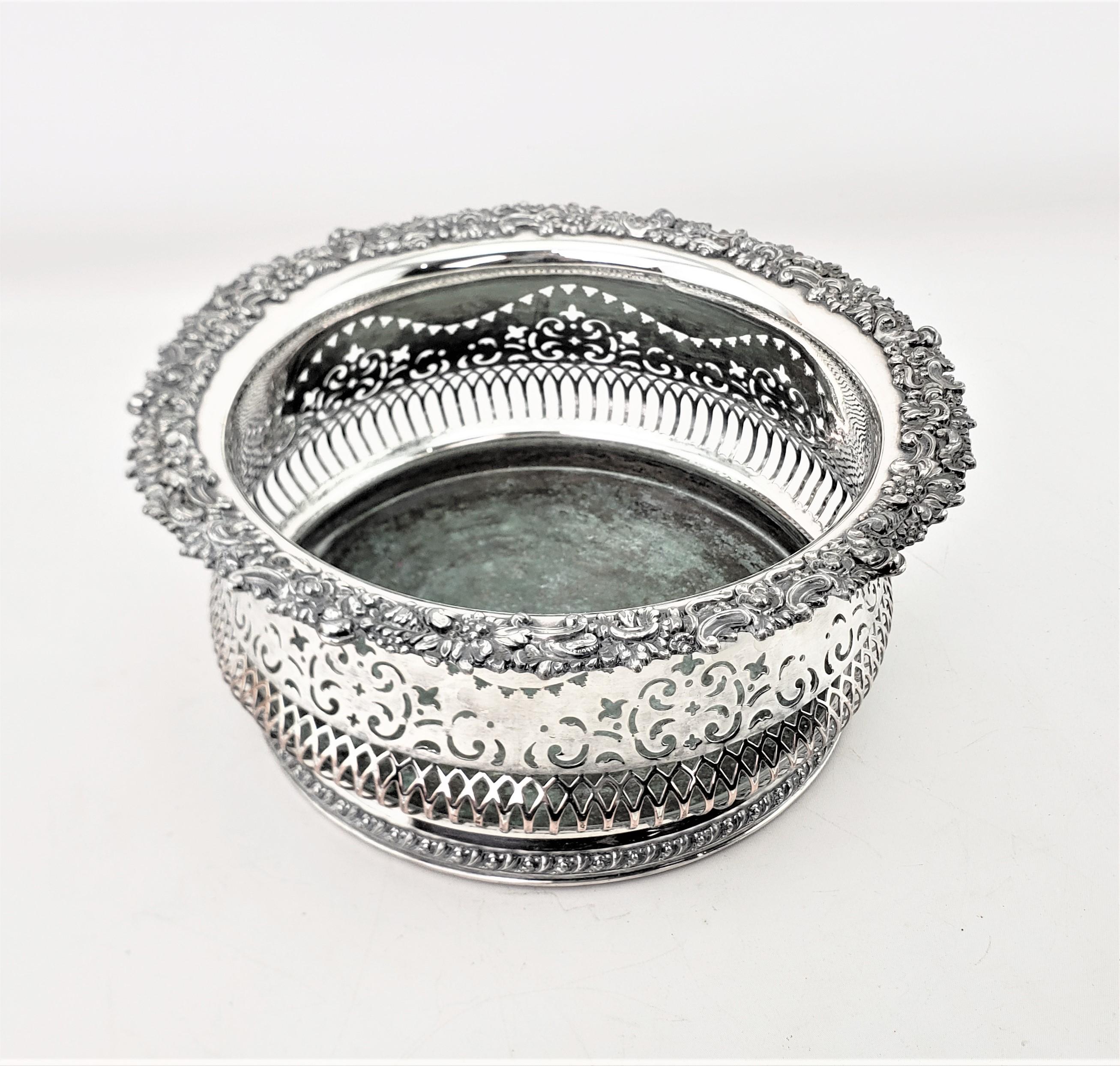 Machine-Made Huge Antique Silver Plated Bottle Coaster with Leaf & Berry Decoration For Sale