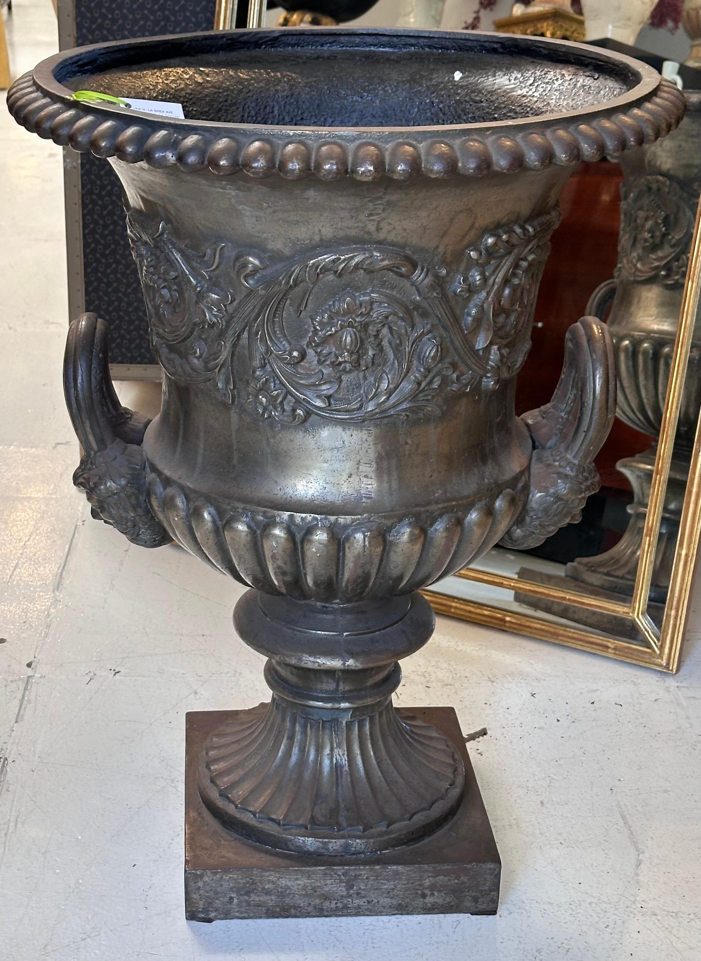 Renaissance Huge Antique Silvered Metal Campaigns Urn Planter - Barbara Lockhart Estate For Sale