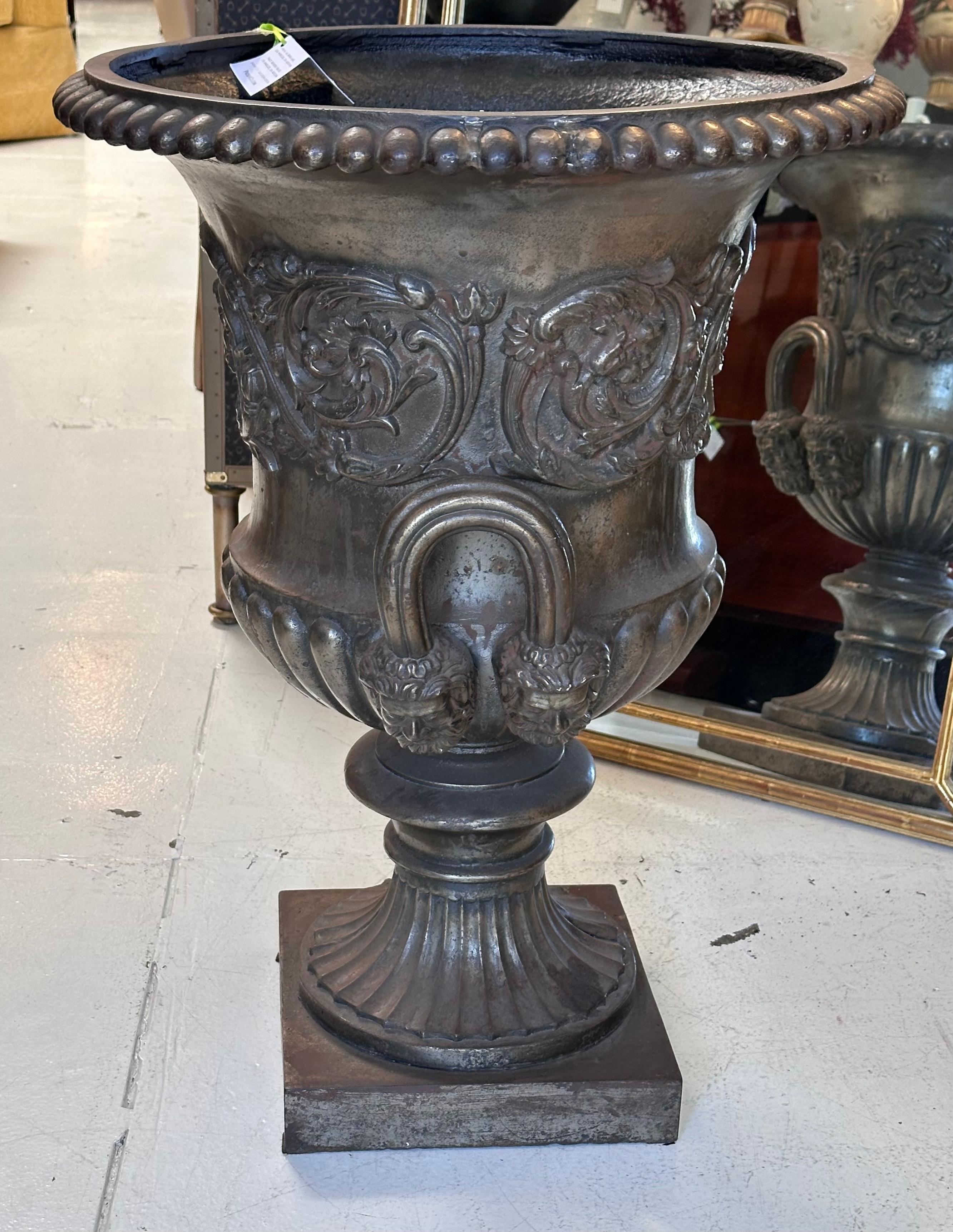 Huge Antique Silvered Metal Campaigns Urn Planter - Barbara Lockhart Estate In Good Condition For Sale In LOS ANGELES, CA