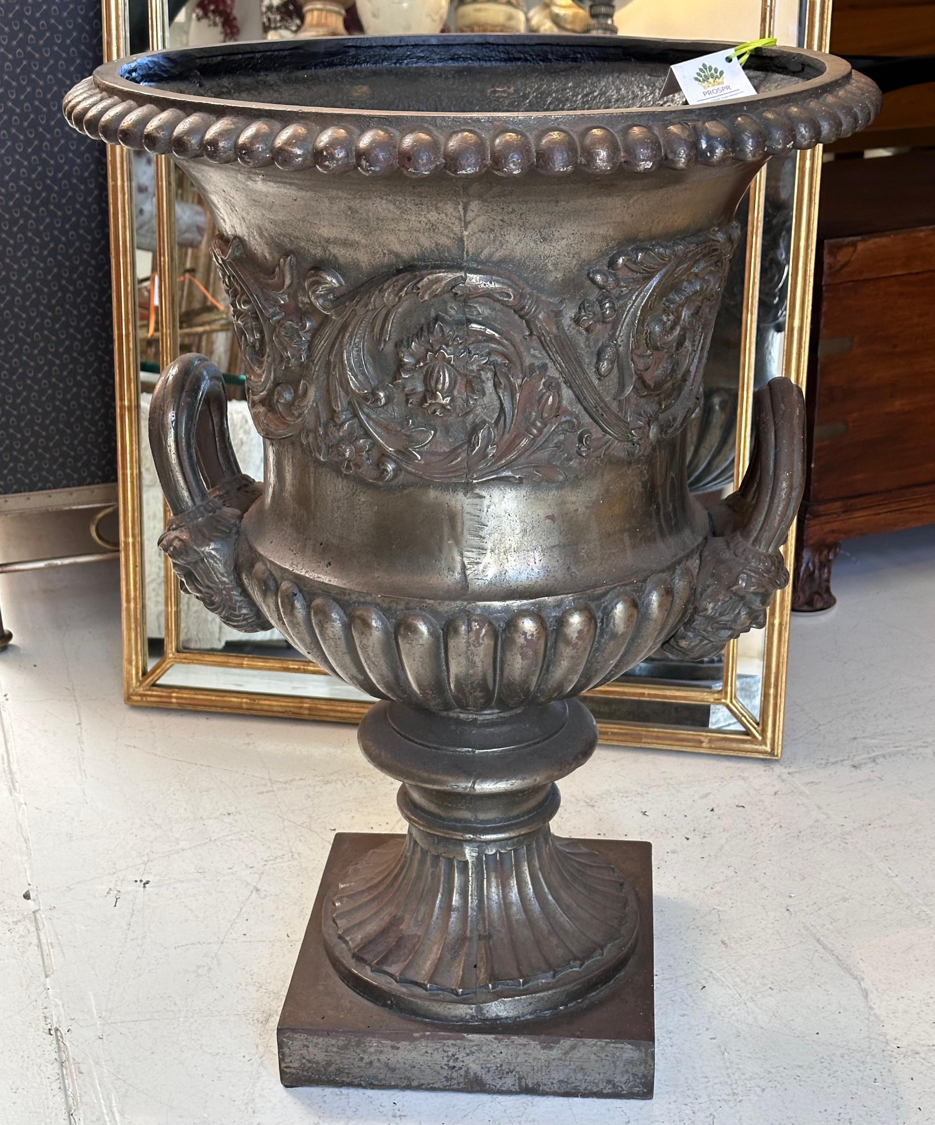 Early 20th Century Huge Antique Silvered Metal Campaigns Urn Planter - Barbara Lockhart Estate For Sale