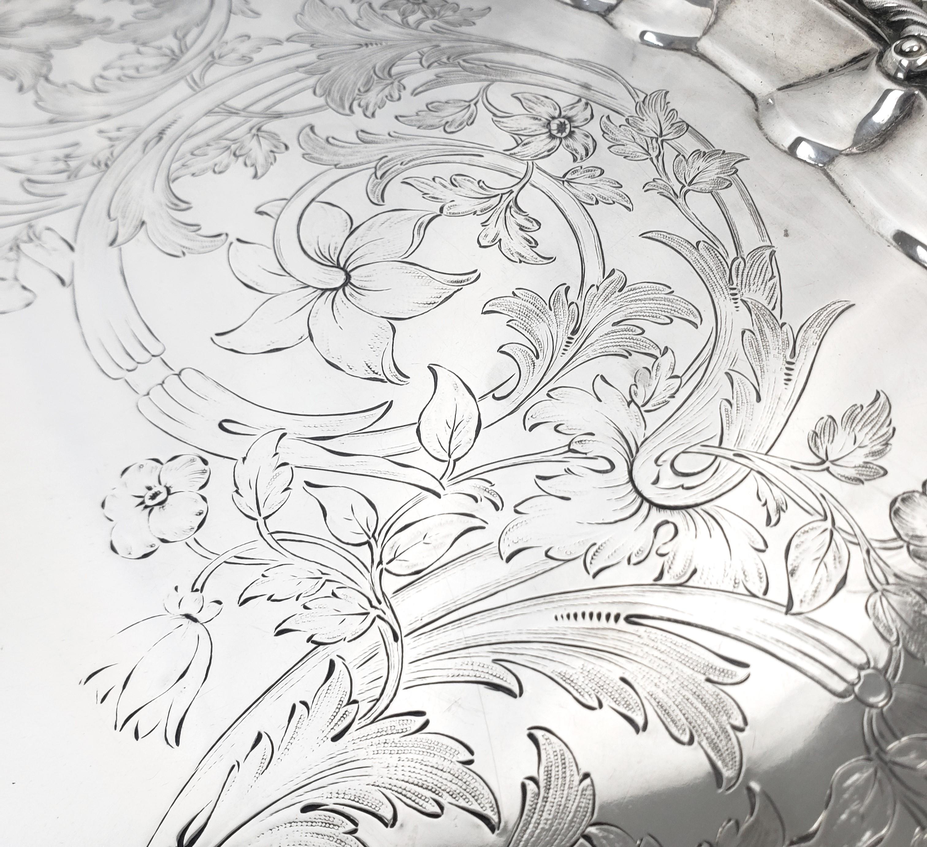 Huge Antique Sterling Silver Salver or Footed Tray with Ornate Floral Engraving For Sale 3