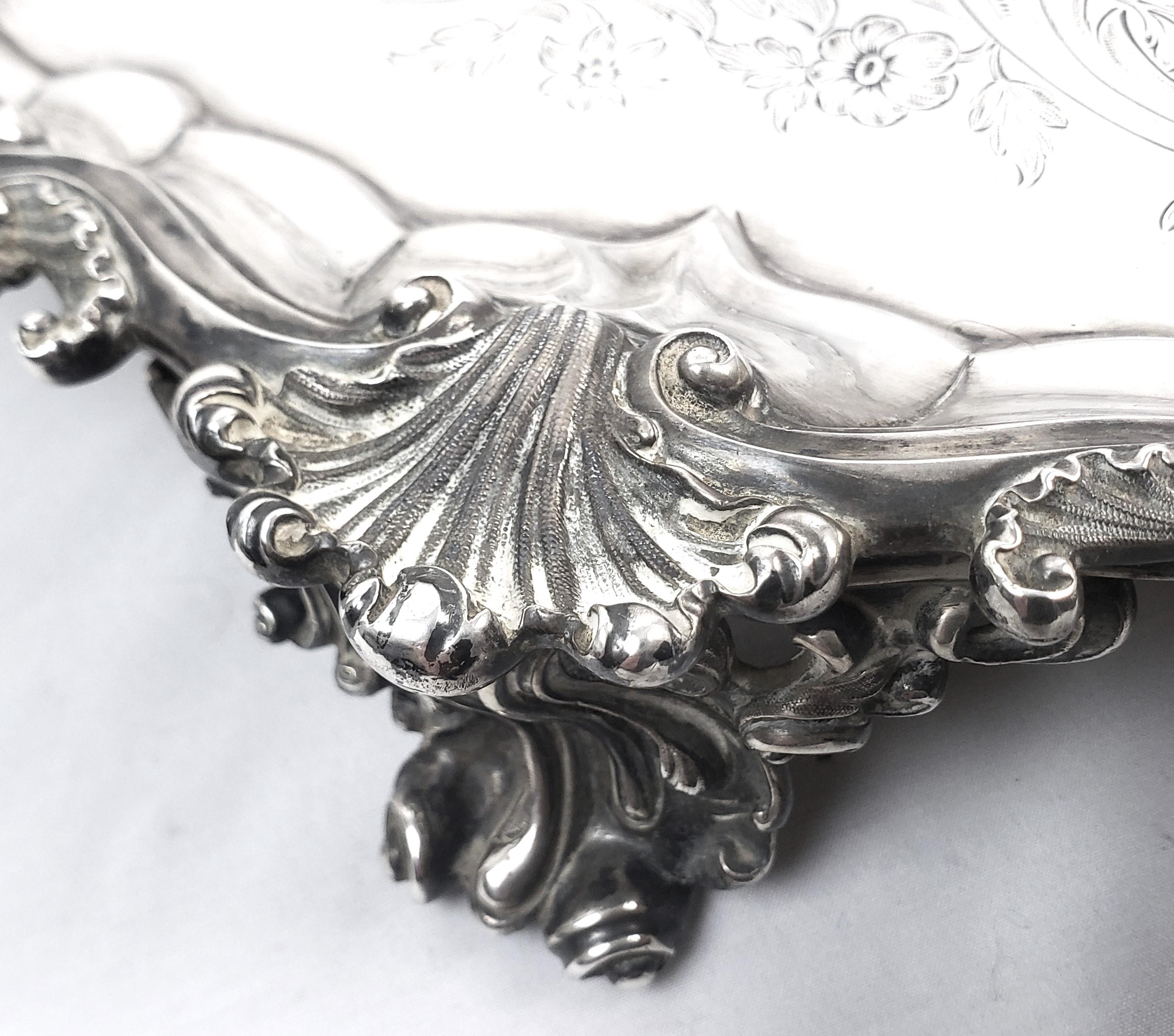 Huge Antique Sterling Silver Salver or Footed Tray with Ornate Floral Engraving For Sale 4