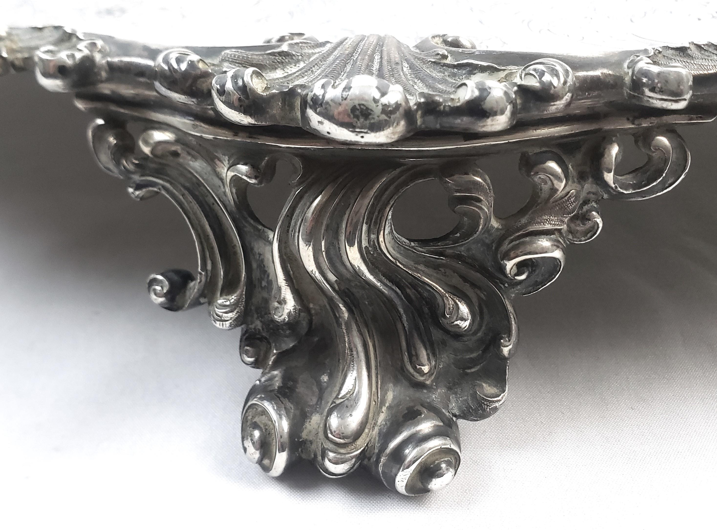 Huge Antique Sterling Silver Salver or Footed Tray with Ornate Floral Engraving For Sale 5