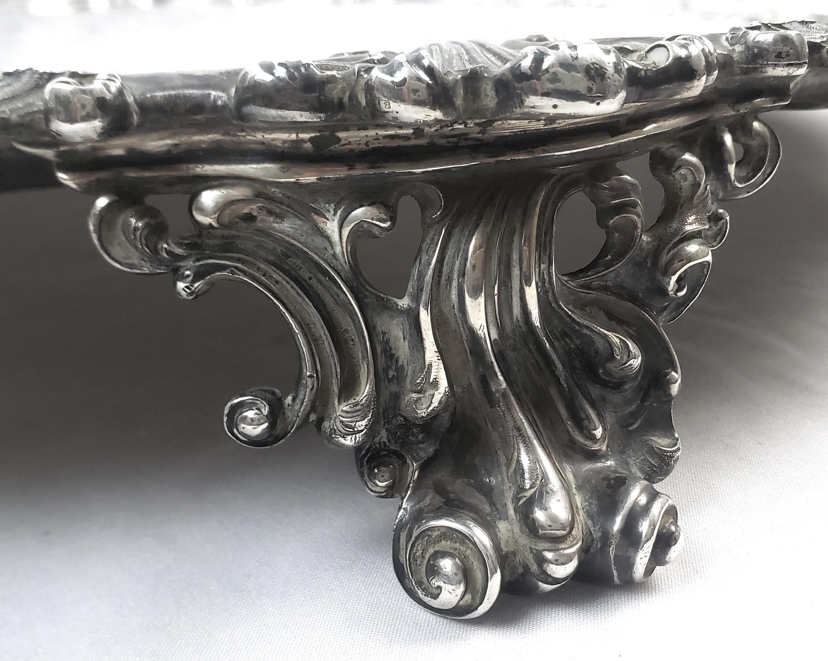 Huge Antique Sterling Silver Salver or Footed Tray with Ornate Floral Engraving For Sale 6