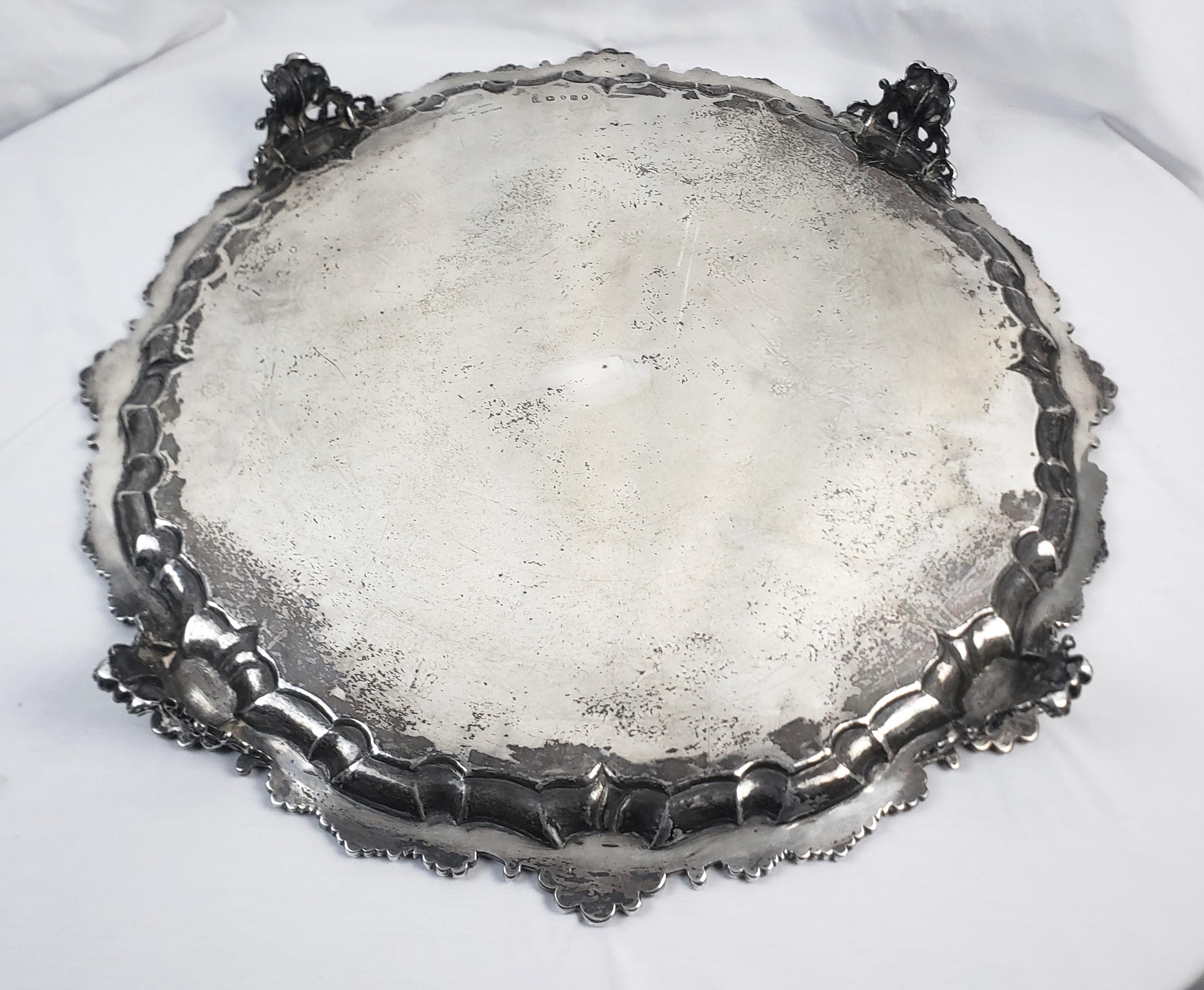 Huge Antique Sterling Silver Salver or Footed Tray with Ornate Floral Engraving For Sale 7
