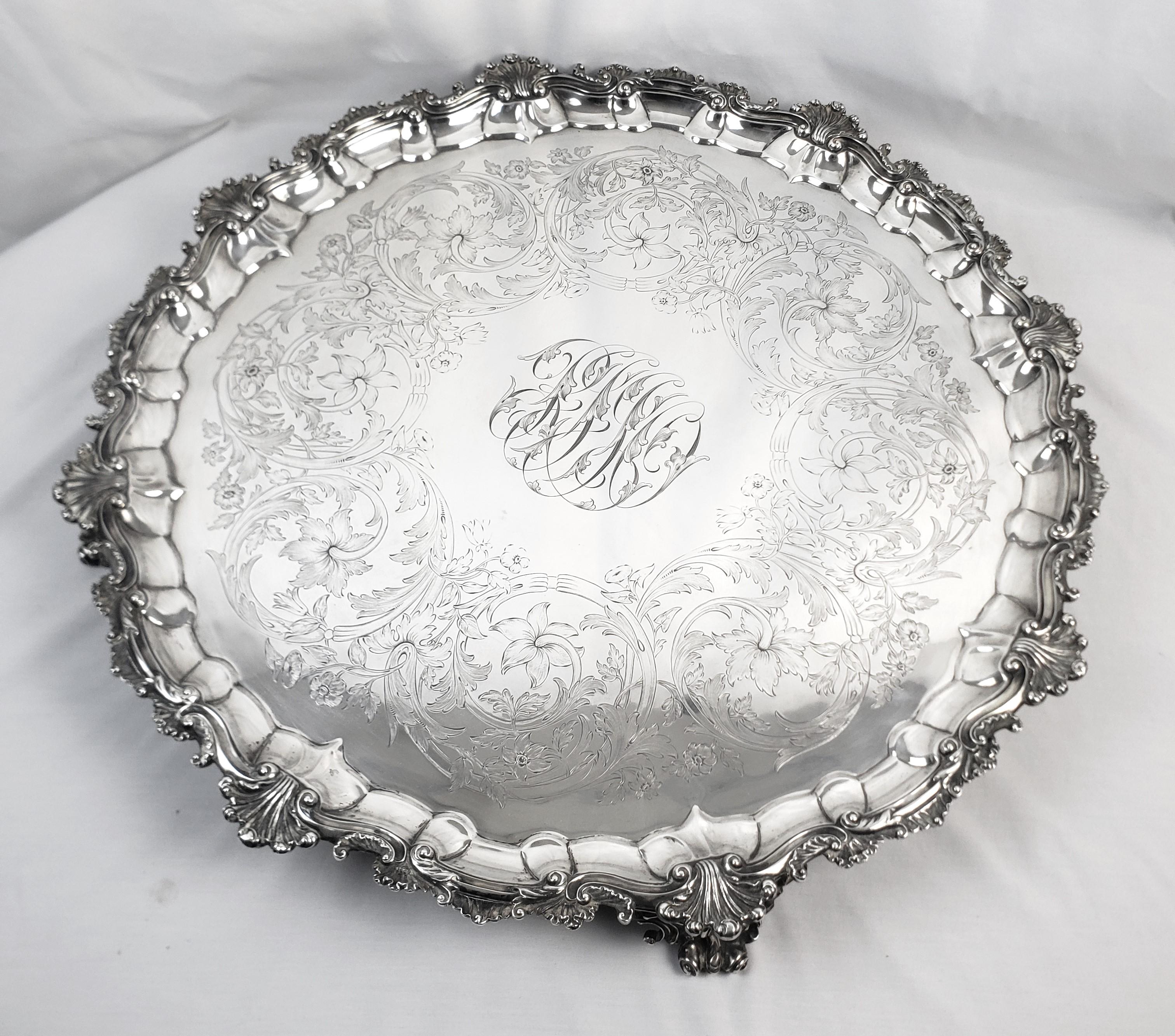 High Victorian Huge Antique Sterling Silver Salver or Footed Tray with Ornate Floral Engraving For Sale