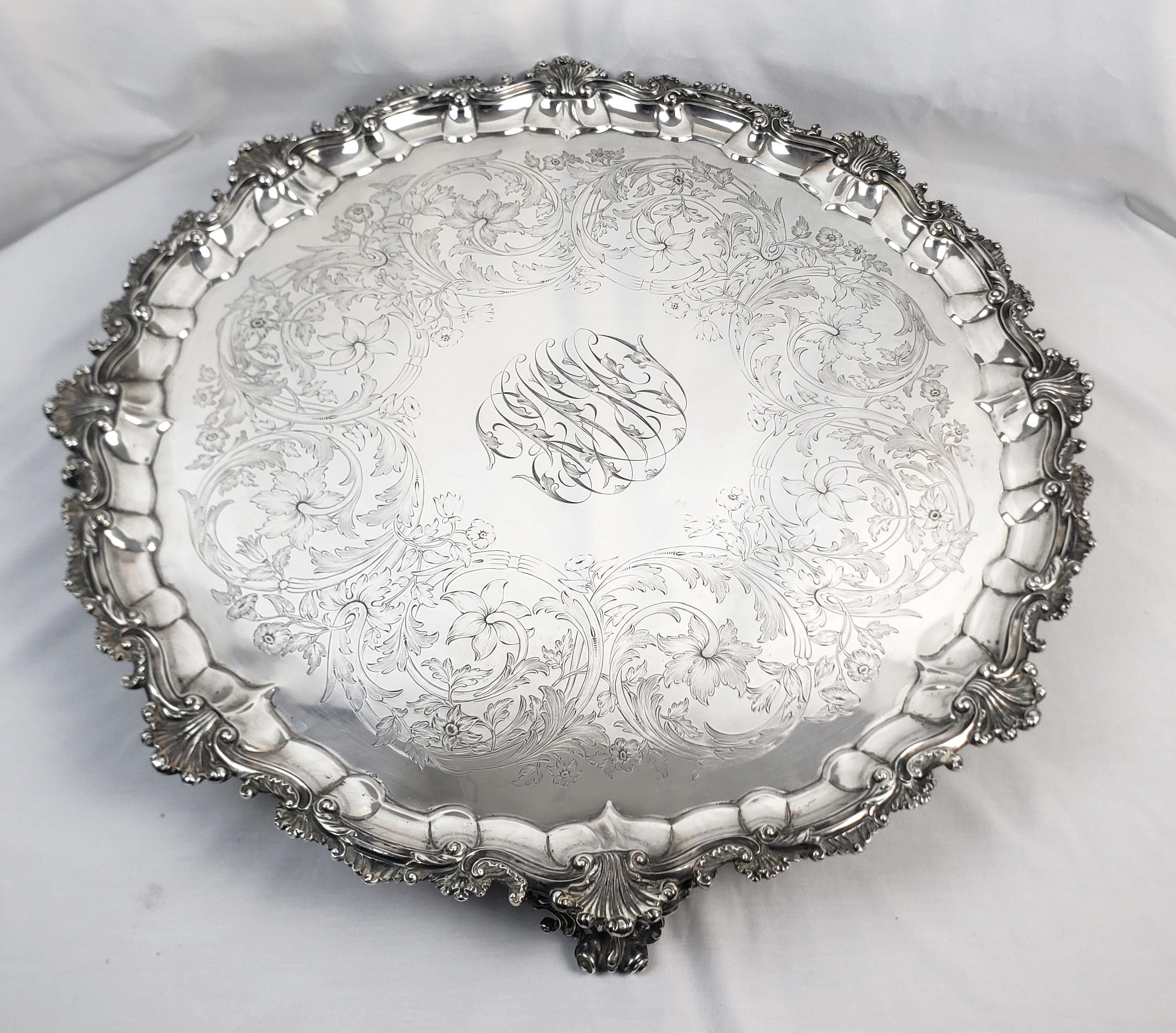 English Huge Antique Sterling Silver Salver or Footed Tray with Ornate Floral Engraving For Sale