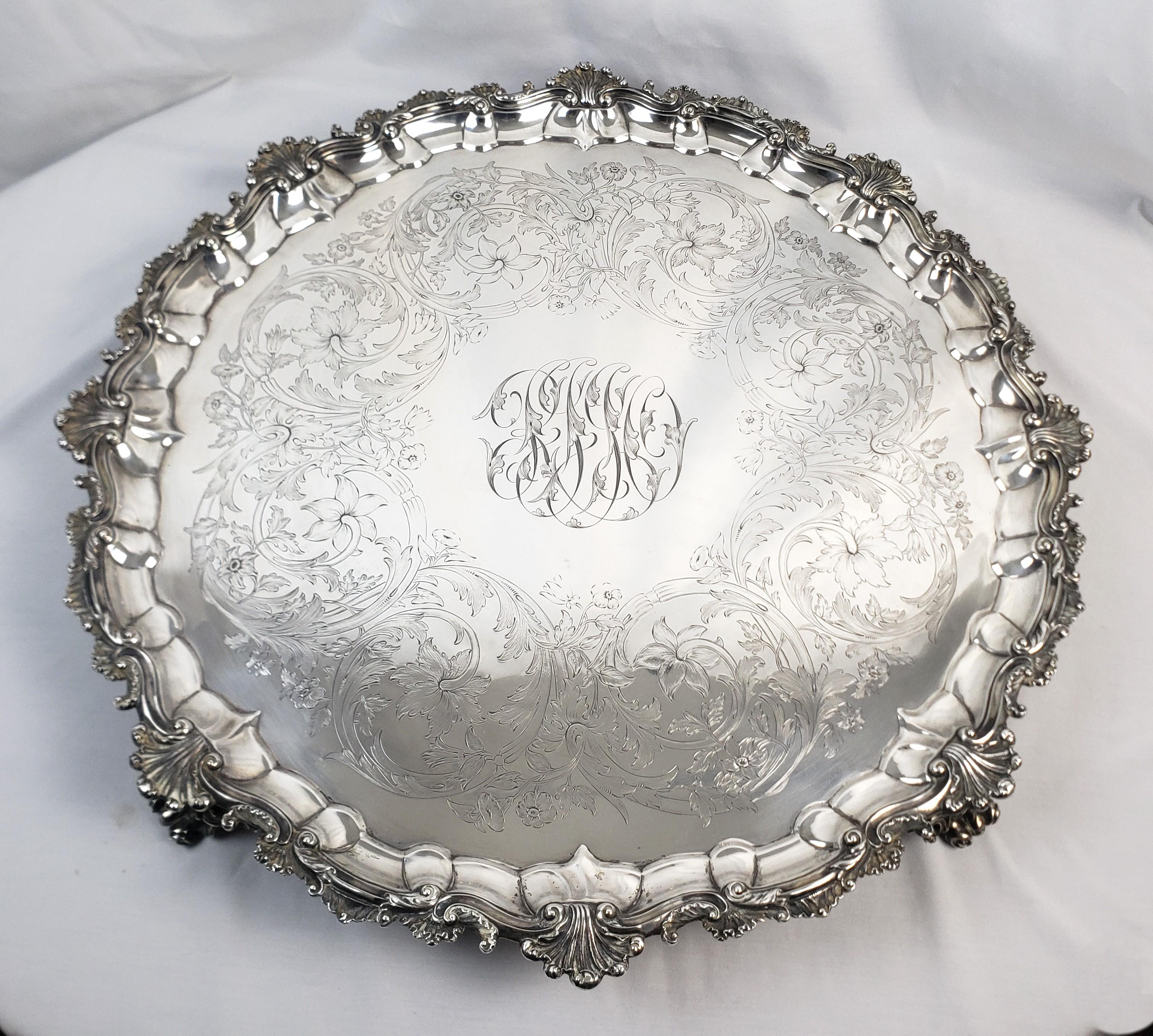 Hand-Crafted Huge Antique Sterling Silver Salver or Footed Tray with Ornate Floral Engraving For Sale