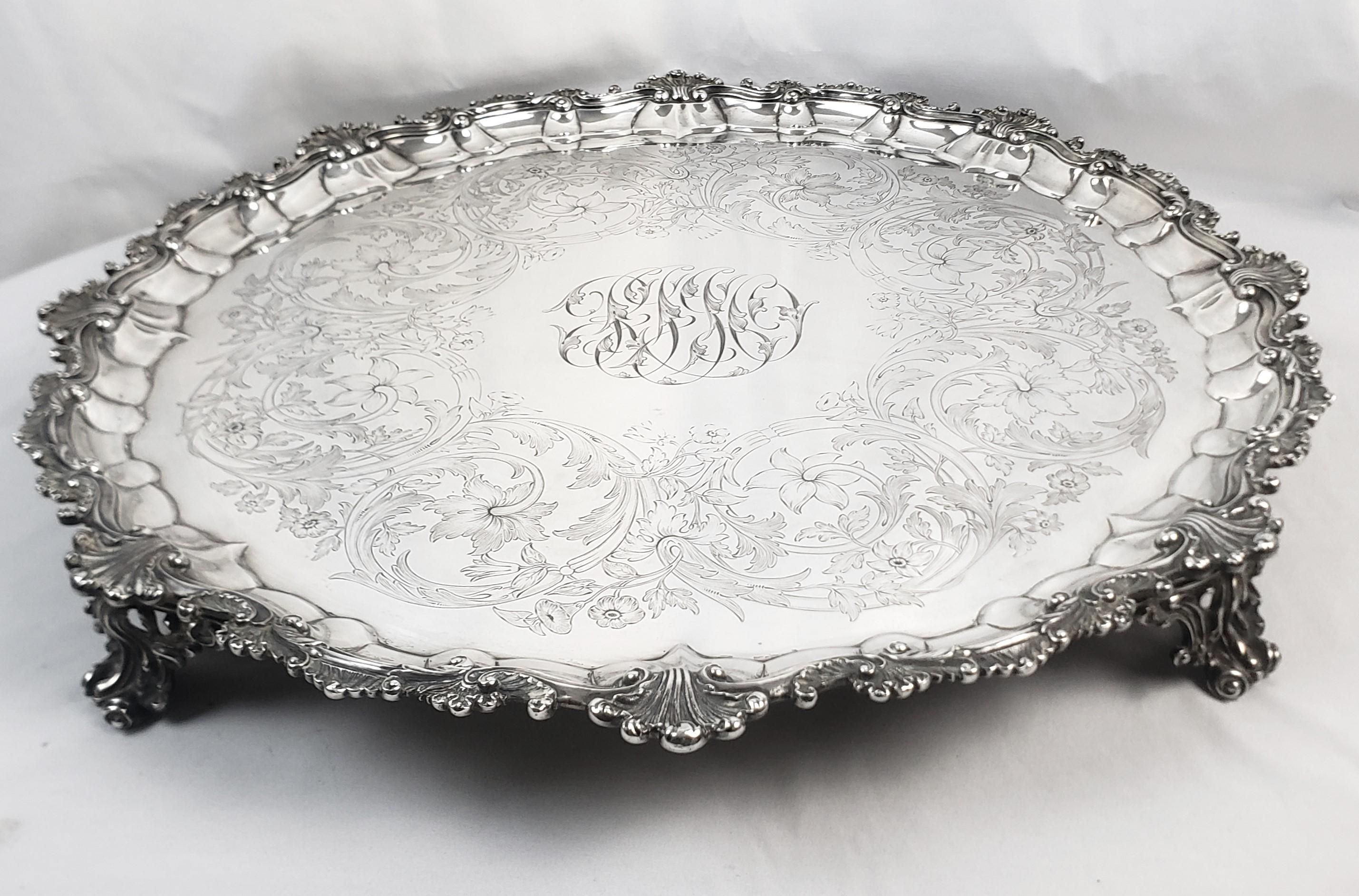 Huge Antique Sterling Silver Salver or Footed Tray with Ornate Floral Engraving In Good Condition For Sale In Hamilton, Ontario