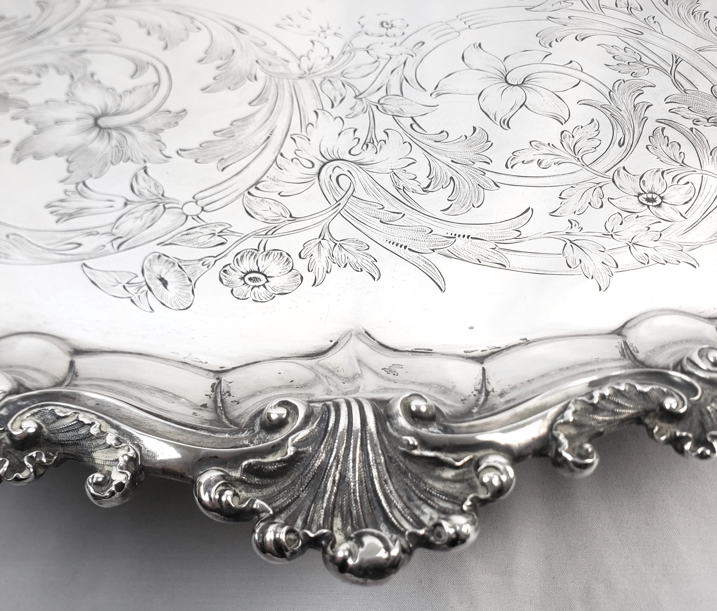 Huge Antique Sterling Silver Salver or Footed Tray with Ornate Floral Engraving For Sale 1