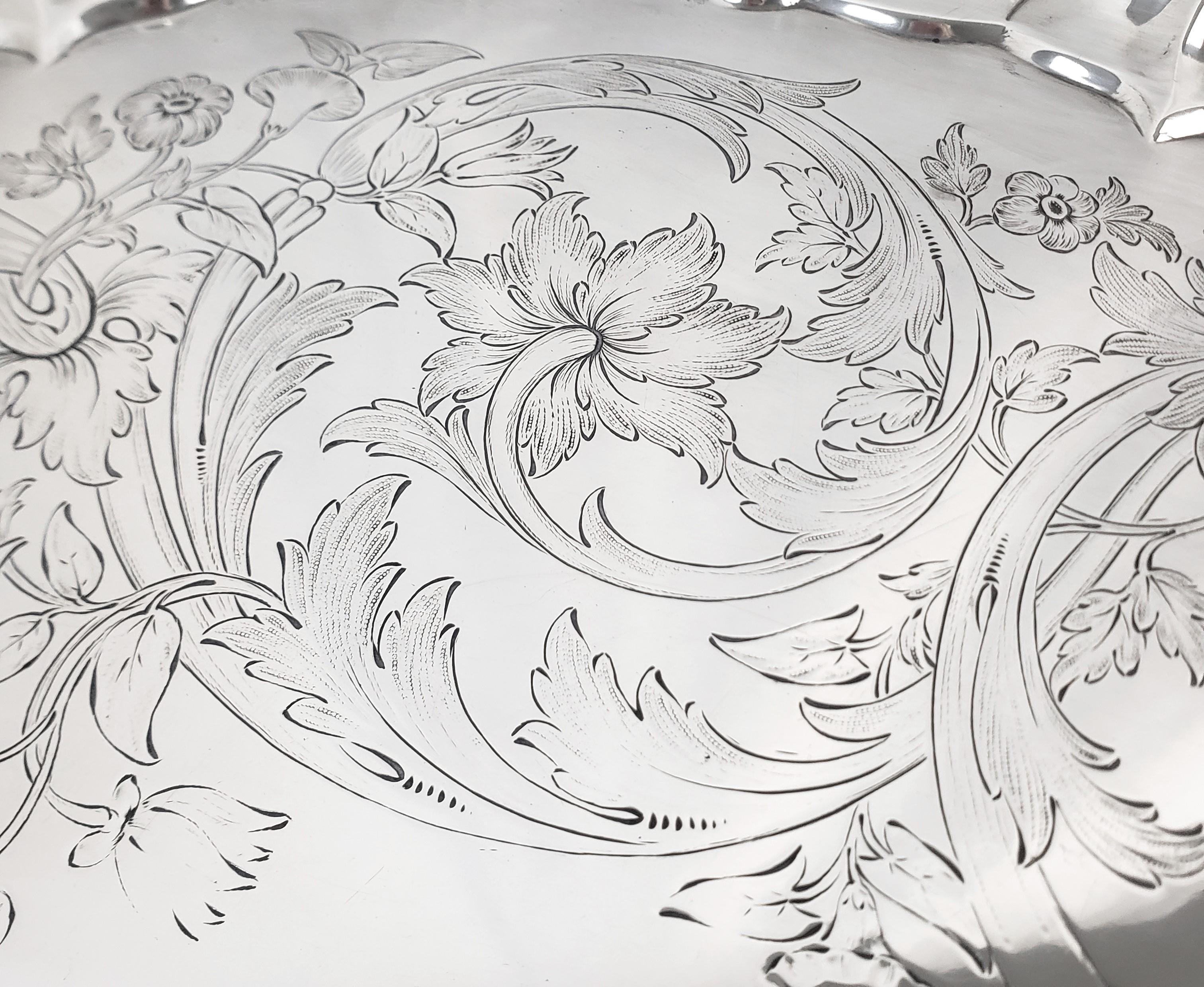 Huge Antique Sterling Silver Salver or Footed Tray with Ornate Floral Engraving For Sale 2
