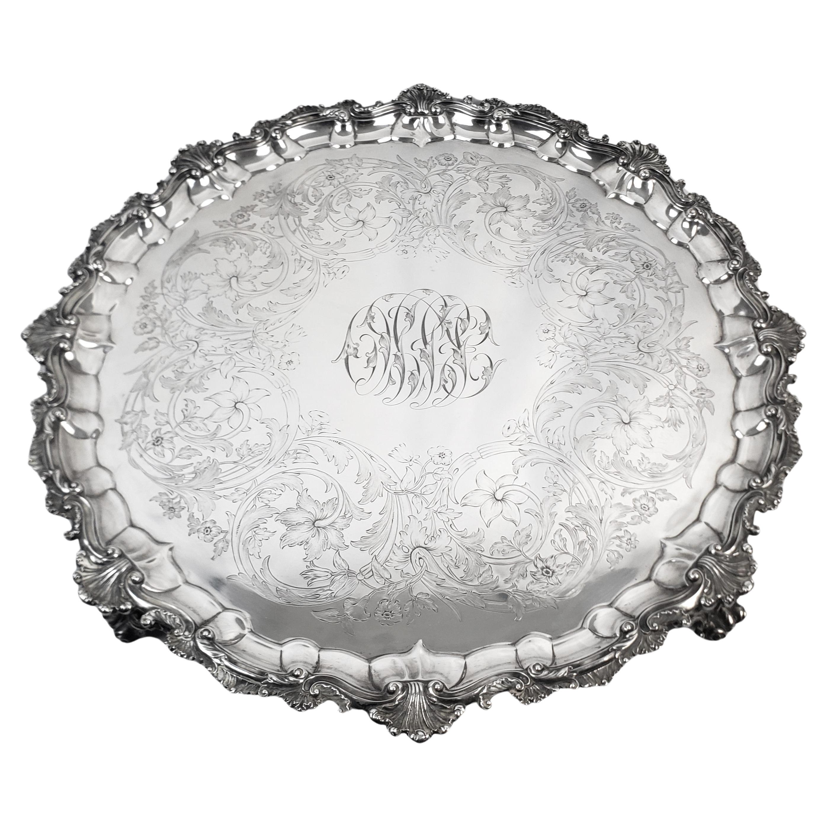 Huge Antique Sterling Silver Salver or Footed Tray with Ornate Floral Engraving For Sale