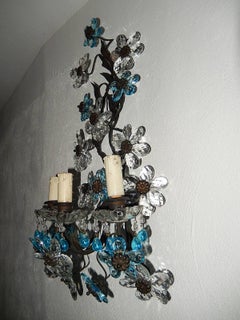 Huge Aqua Blue Maison Baguès Style Three-Light Sconces, circa 1920