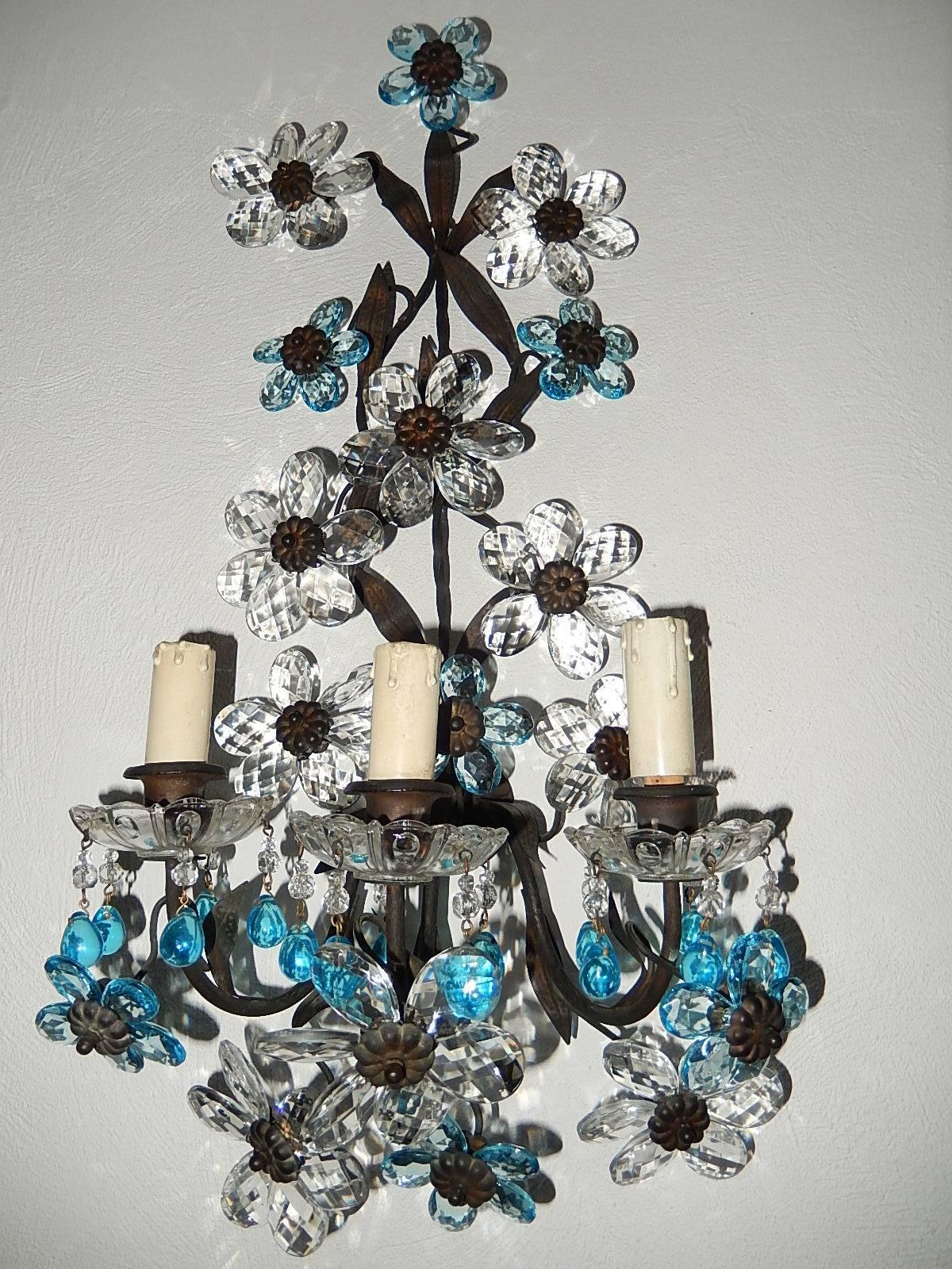 Huge Aqua Blue Maison Baguès Style Three-Light Sconces, circa 1920 1