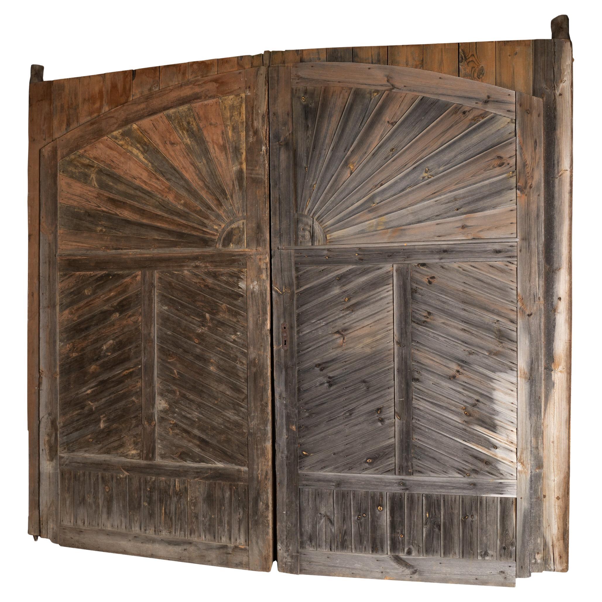 Huge Architectural Salvaged Barn Doors With Sunburst, Hungary circa 1840-60 For Sale