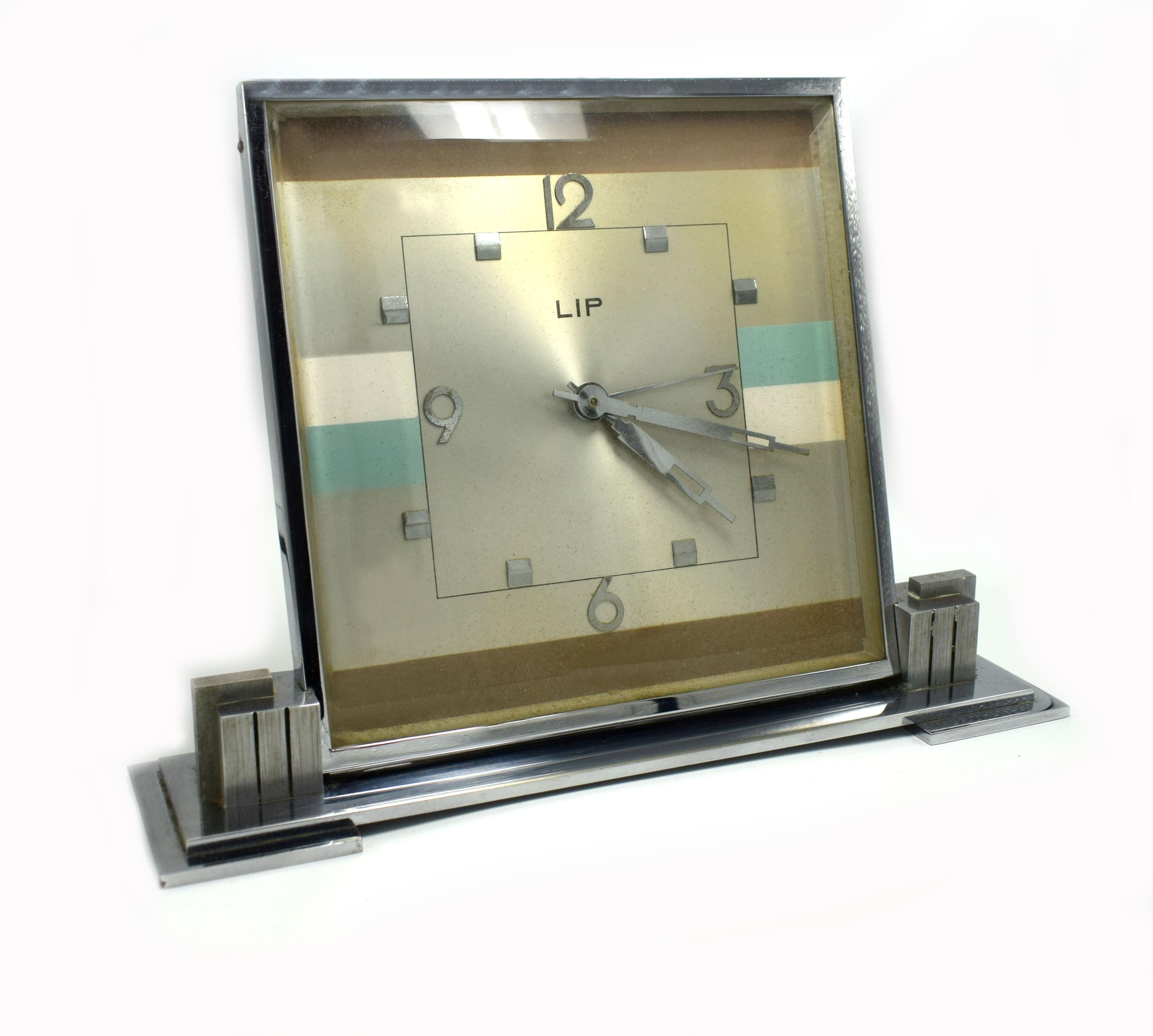 Huge Art Deco 1930s Chrome Mantle Clock by LIP In Good Condition In Devon, England