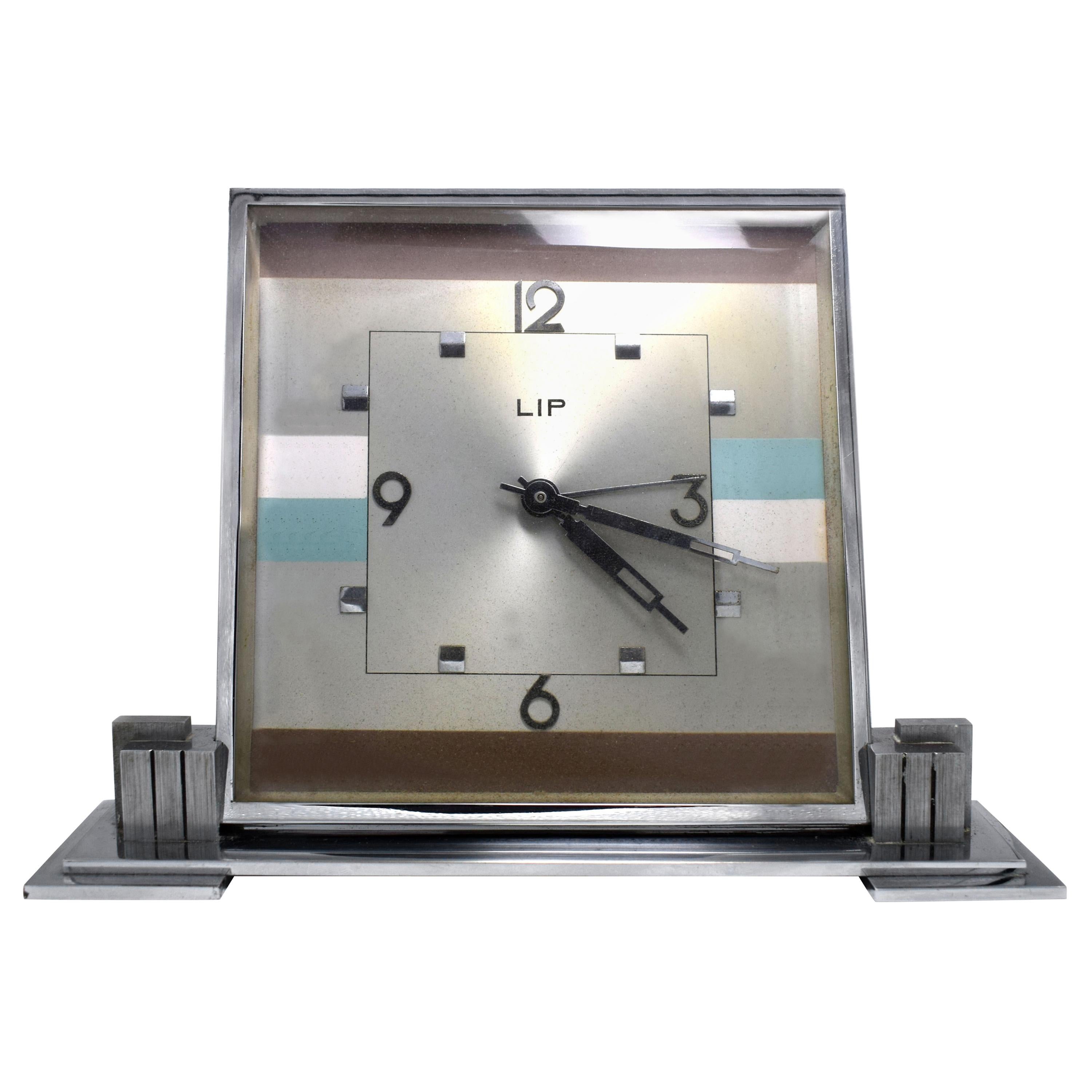 Huge Art Deco 1930s Chrome Mantle Clock by LIP
