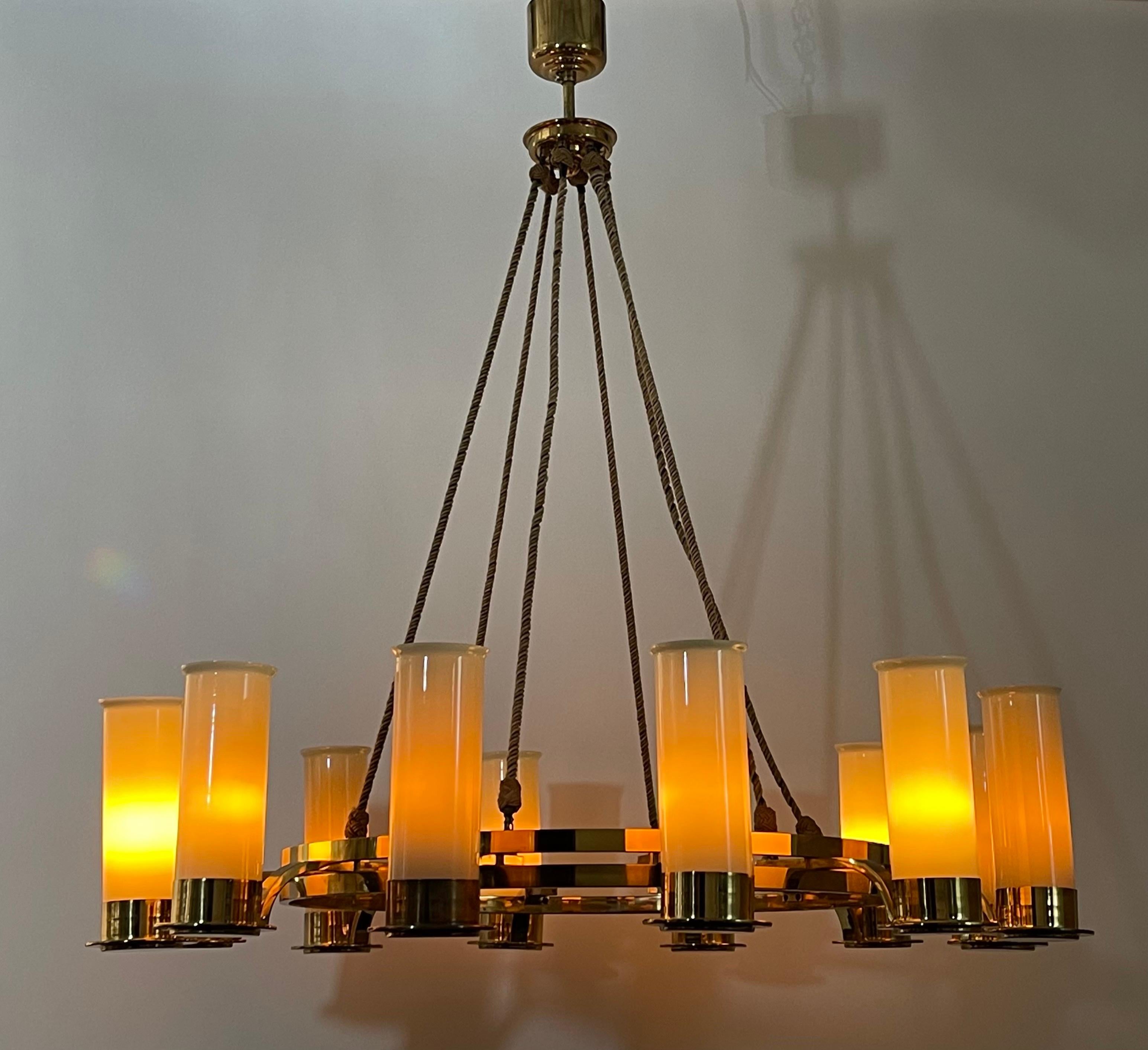 Huge Art Deco Brass and Opal Glass Chandelier, circa 1930s 5