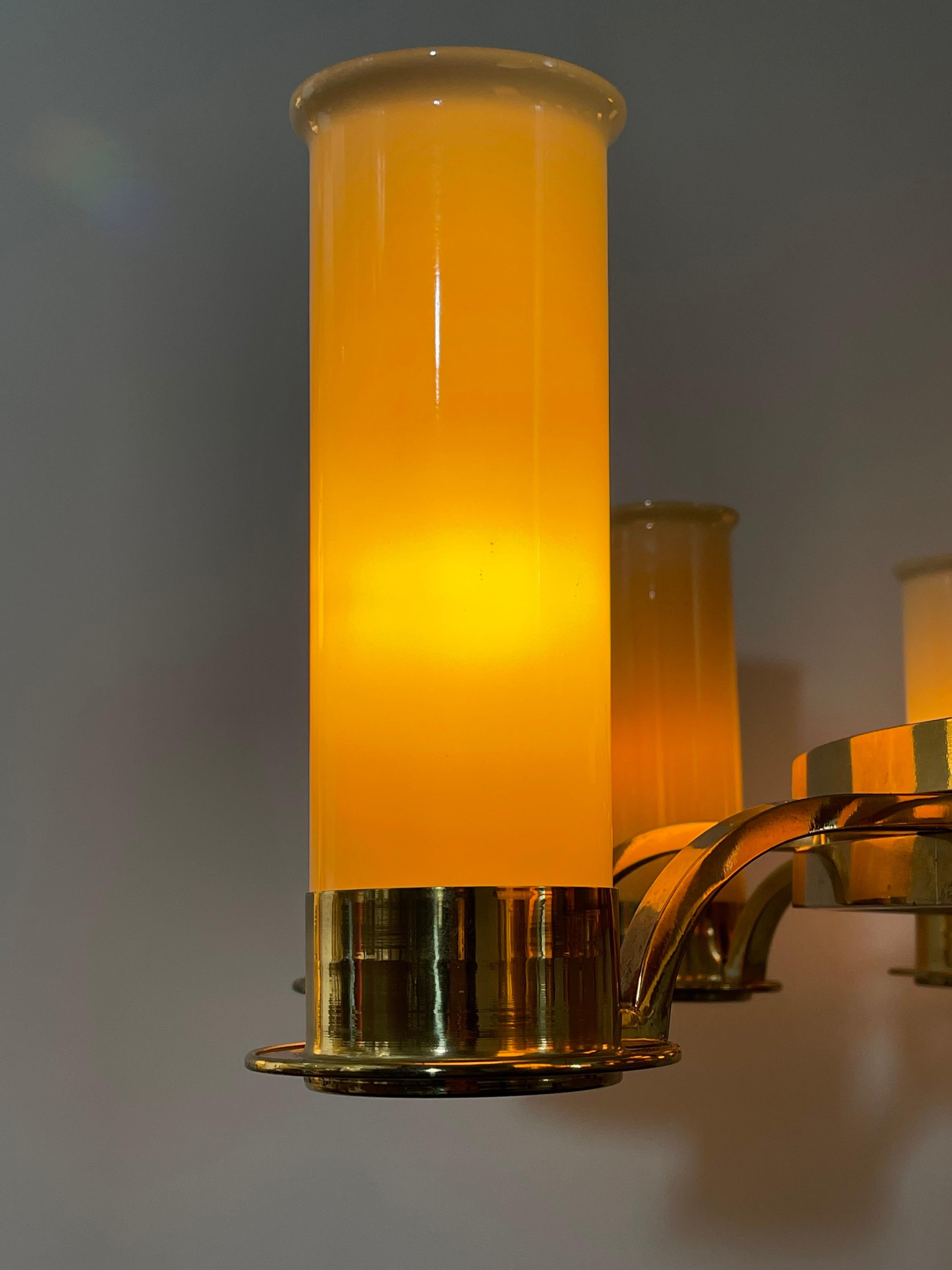 Mid-20th Century Huge Art Deco Brass and Opal Glass Chandelier, circa 1930s