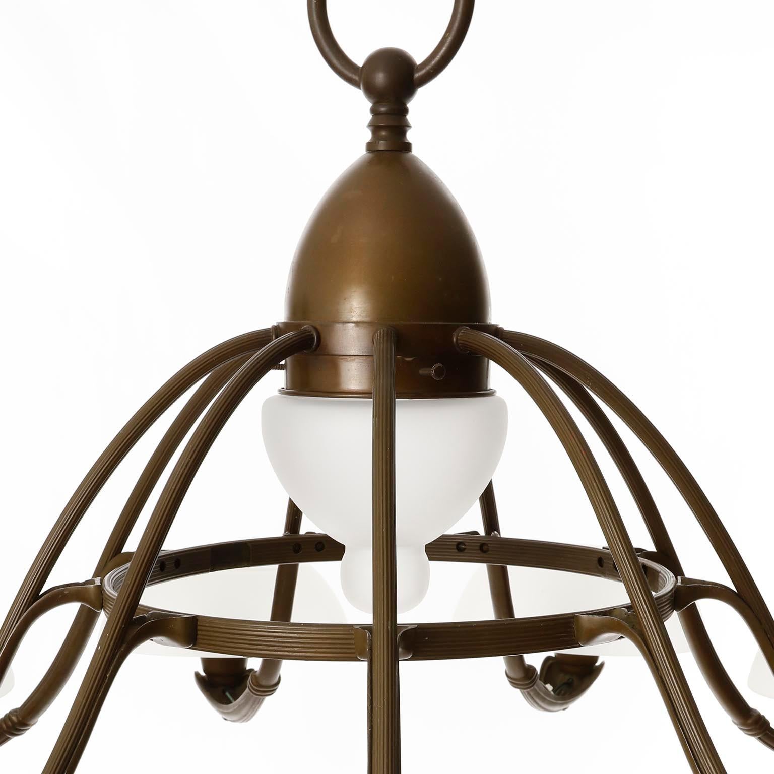 Huge Art Deco Chandelier, Opal Glass Bronze Patinated Brass, Sweden, 1930s 4