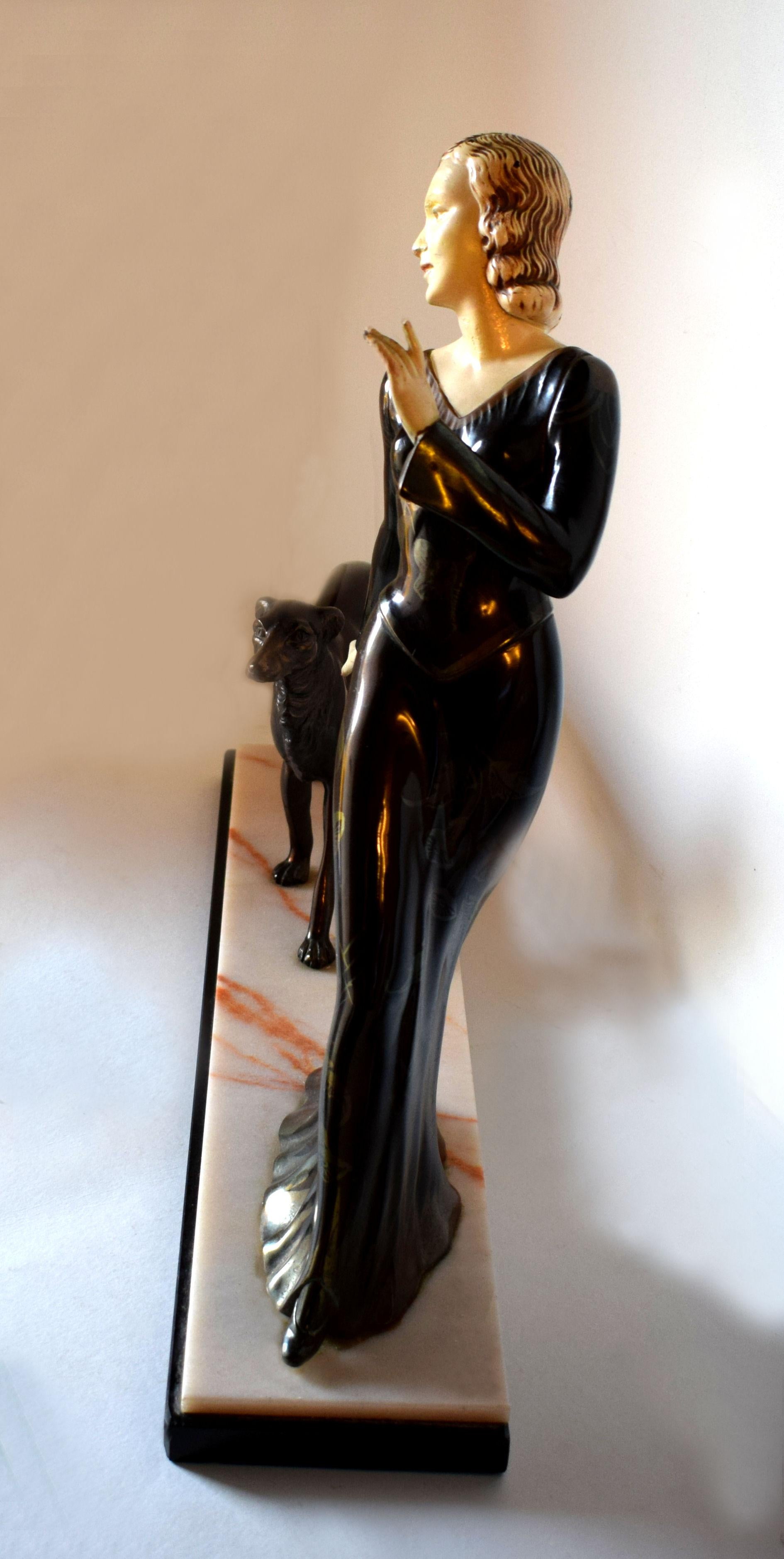 European Huge Art Deco Figural Group by M. Secondo 'Lady and Her Dog'